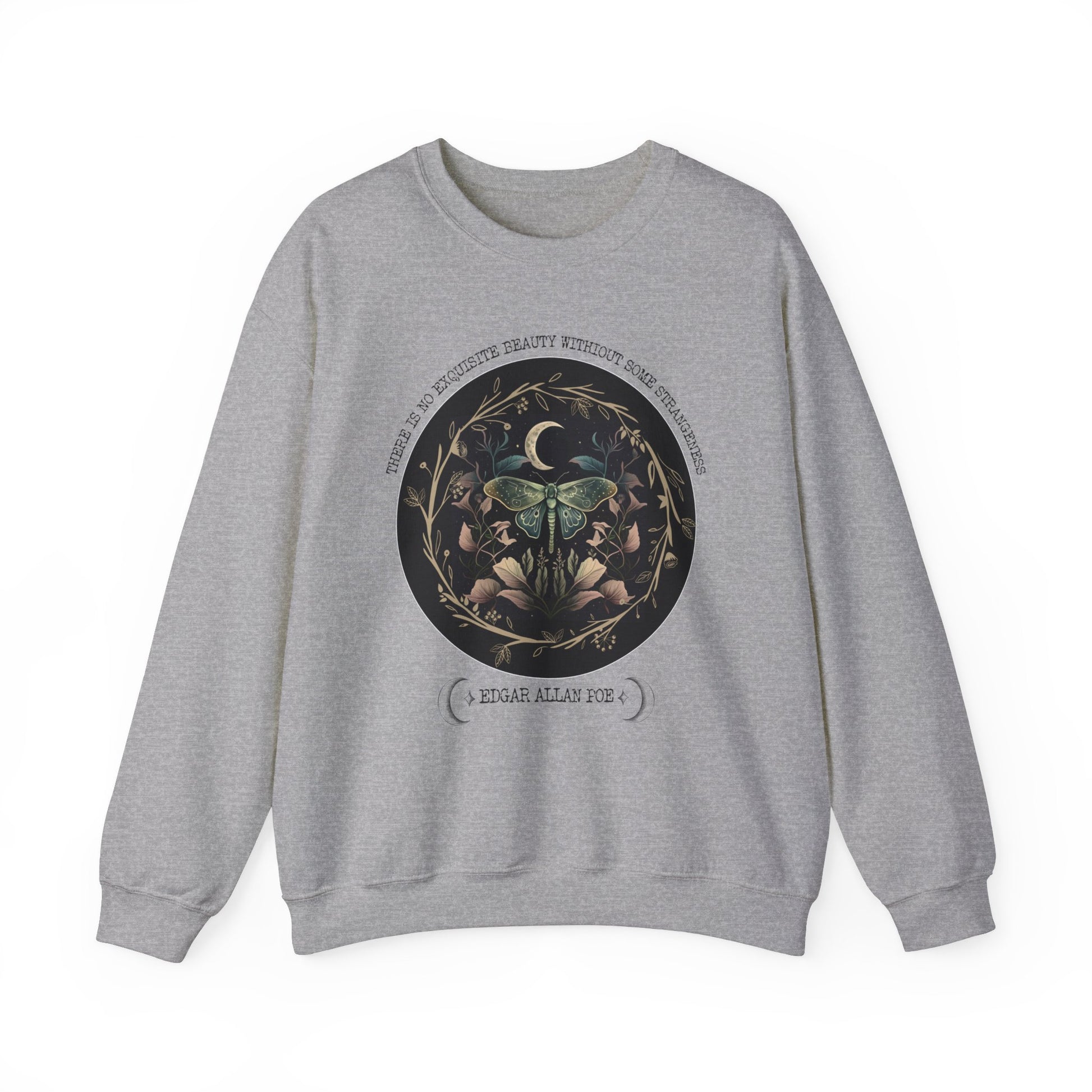 Edgar Allan Poe, Fairycore Night Garden Sweatshirt, Book Lover, Haunting Gothic Botanical Gift, Light, Dark Academia, Literature Sweater Sweatshirt Printify S Sport Grey 