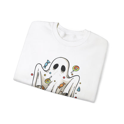 Cute Halloween Ghost Floating, Covered in Candy Sweatshirt, Trick or Treat Shirt, Spooky Ghost Season, Fun Halloween Party, Festival Sweater Sweatshirt Printify   