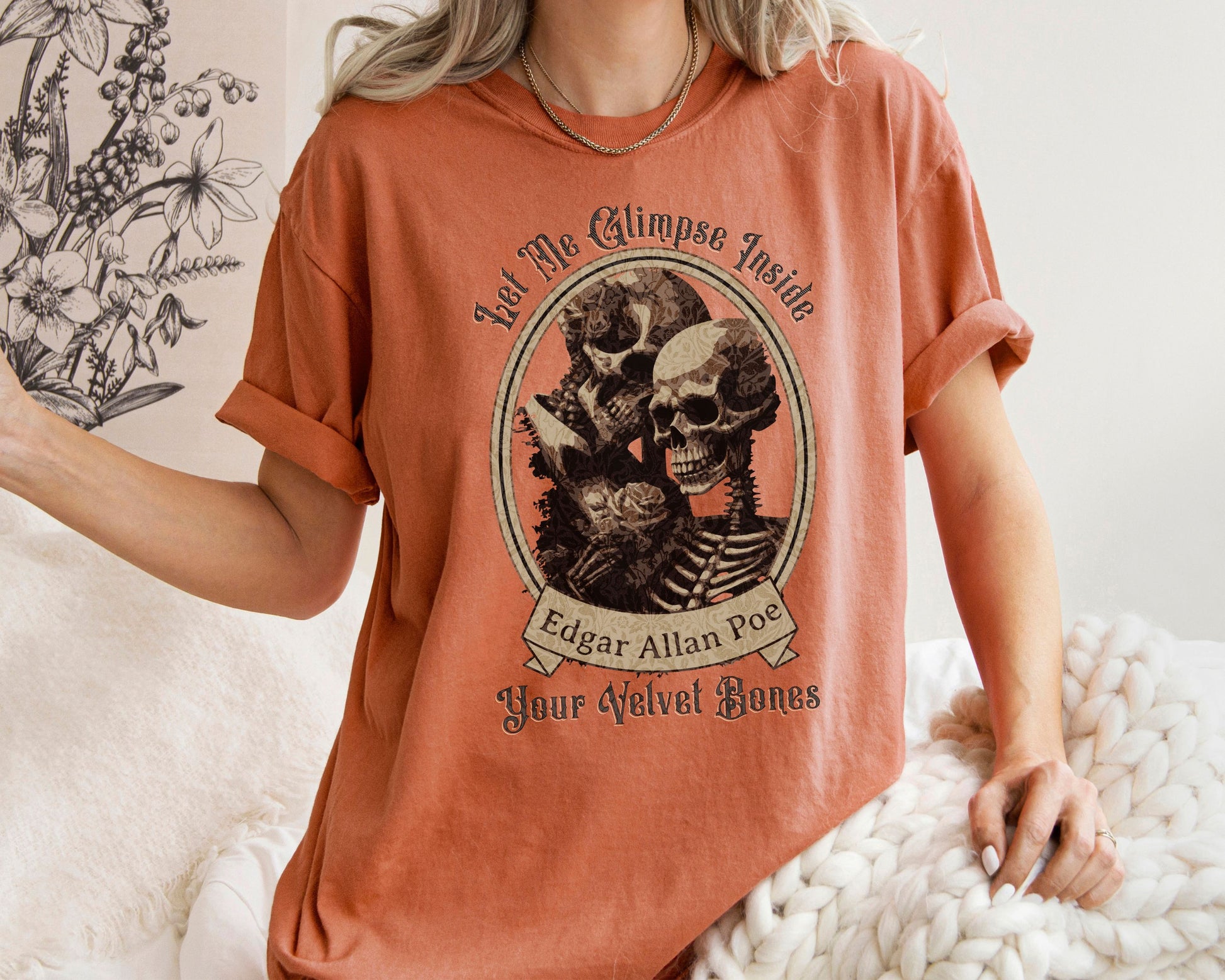 Edgar Allan Poe Shirt, Your Velvet Bones Tee, Book, Reading Lover Shirt, Halloween, Gothic, Light Academia Gifts, Comfort Colours TShirt T-Shirt Printify   