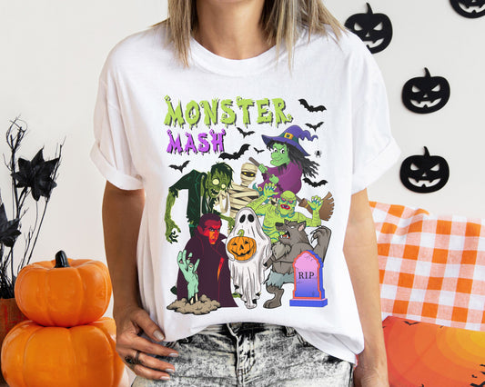 Halloween Monster Mash Comfort Colors Tshirt, Fun Retro Vintage Monsters Tee, Ghosts, Vampire, Werewolf, Witch, Mummy, Swamp Monster T-shirt T-Shirt Printify   