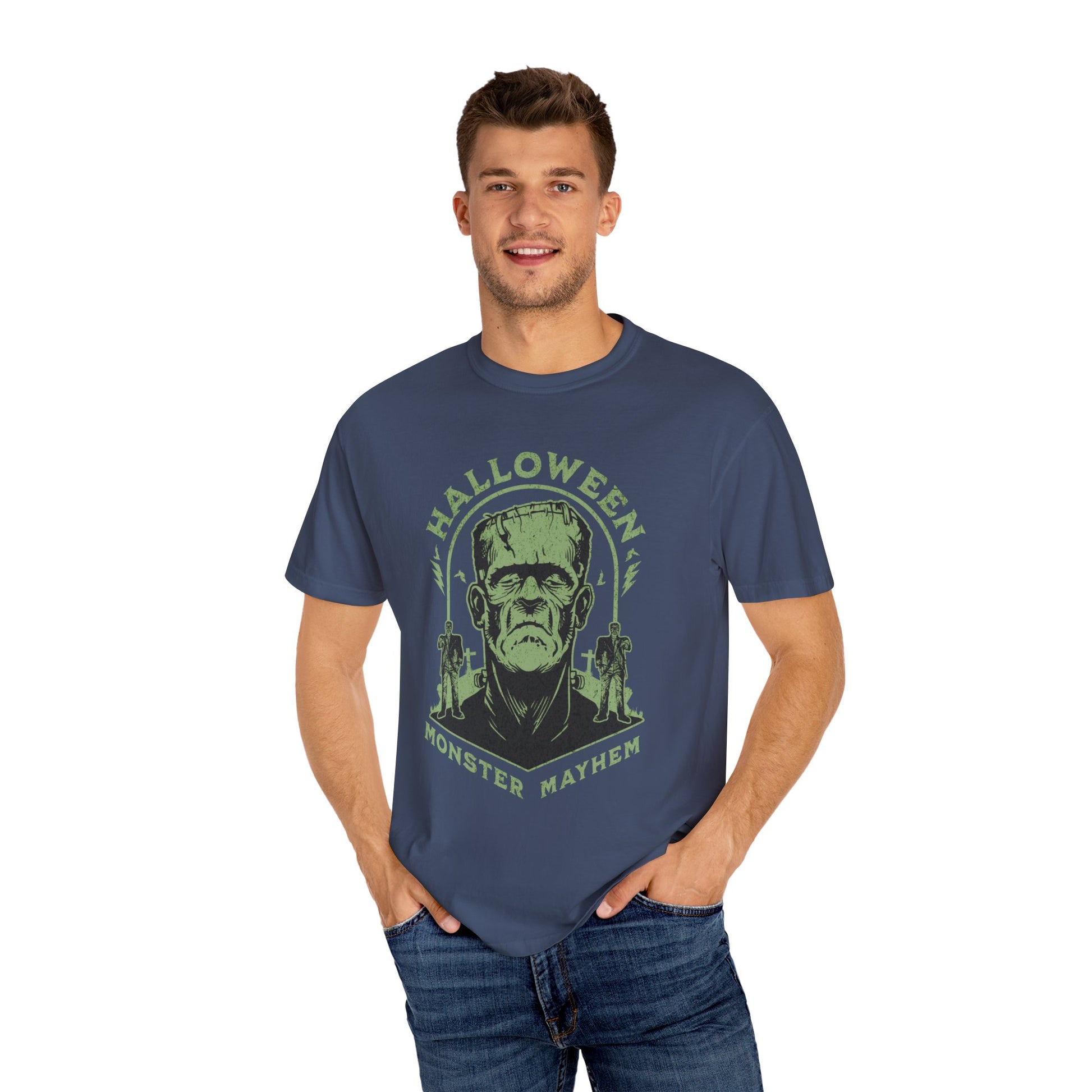 Vintage Halloween Frankenstein Monster Graphic Tee, Creepy Spooky Book Lover Gift, Horror Movie, Fall Festival Party Comfort Colors T Shirt. T-Shirt Printify   