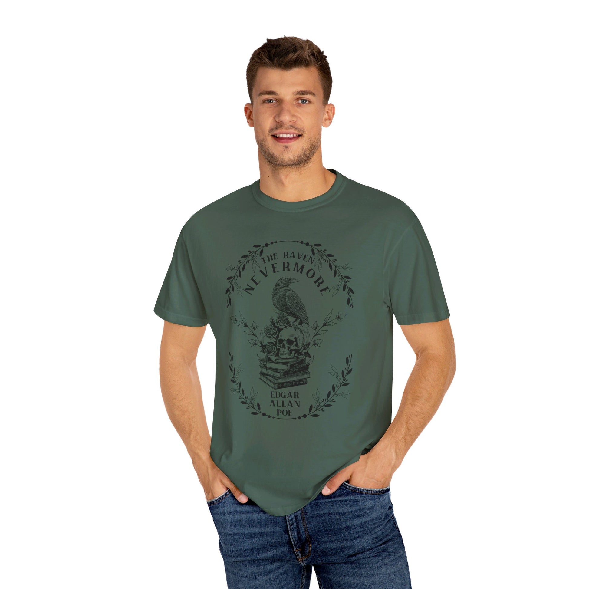 Edgar Allan Poe, Nevermore The Raven Comfort Colors TShirt, Book Lover, Halloween, Haunting Gothic Gift, Light, Dark Academia, Horror Movie T-Shirt Printify   