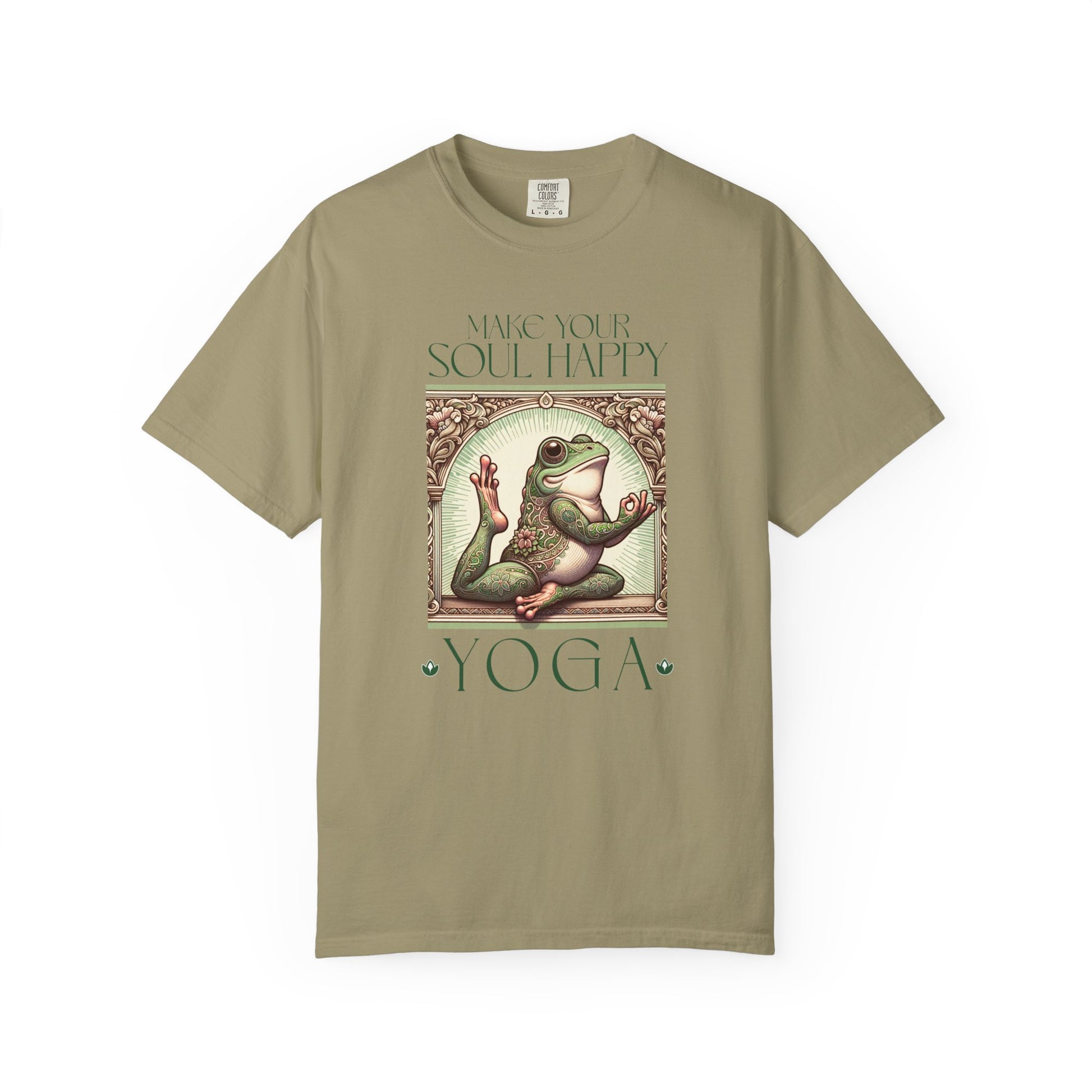 Green Yoga Frog Make Your Soul Happy Unisex T-Shirt, Casual Wear, Highlander Fan Gift, T-Shirt Printify Khaki S