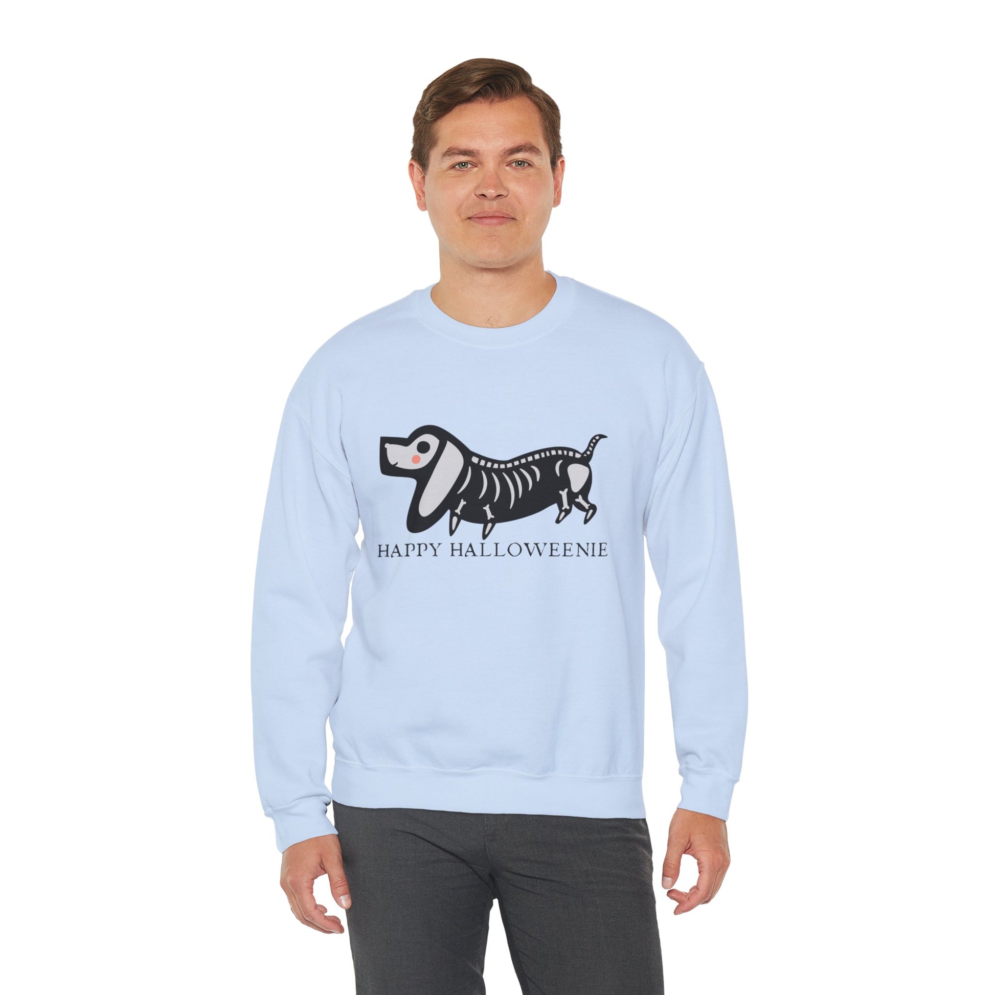 Funny Halloween Dachshund Lover Sweatshirt, Skeleton Dachshund Walking Graphic, Trick or Treat Shirt, Spooky Season, Happy Halloweenie Top Sweatshirt Printify   