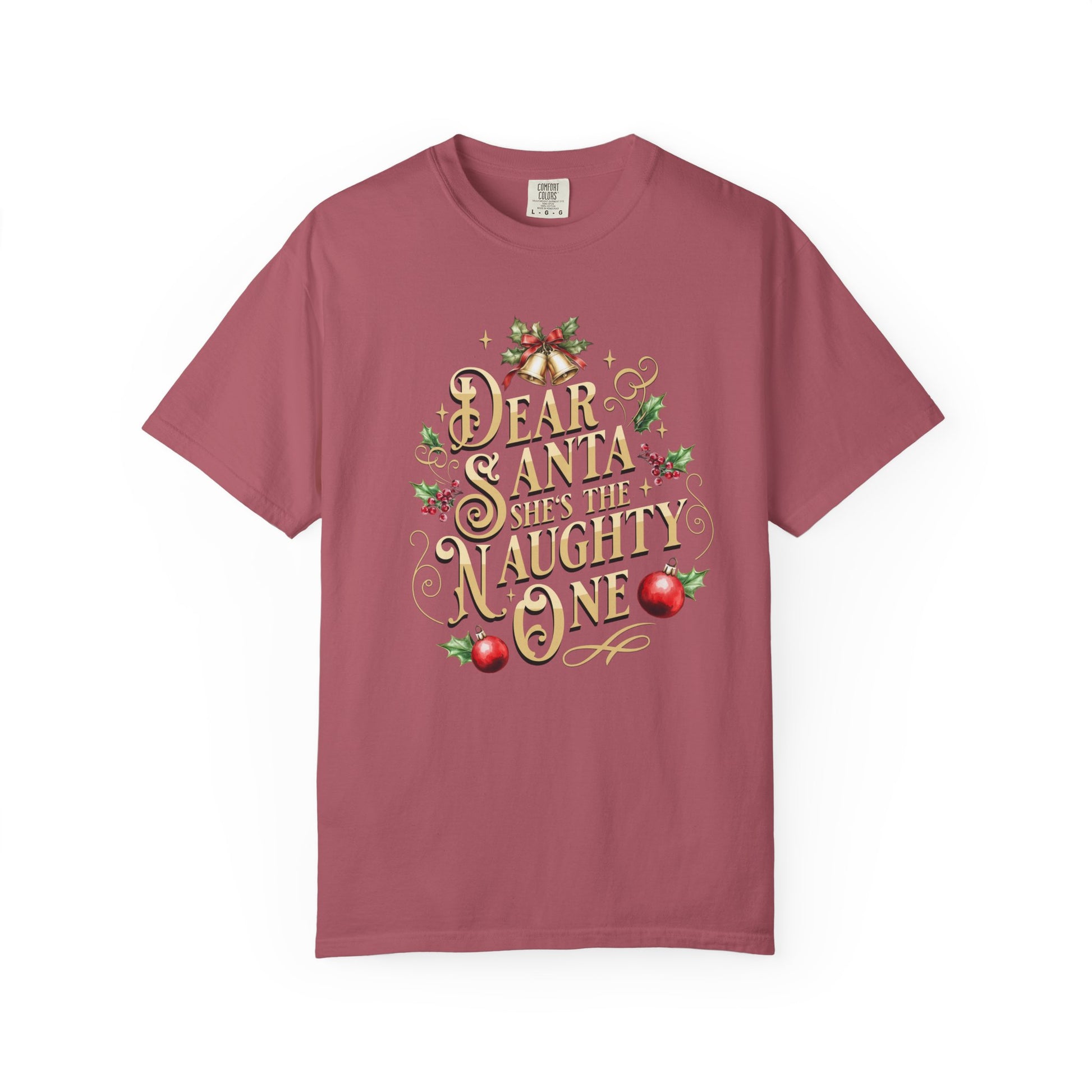 She's The Naughty One Christmas T-Shirt, Funny Holiday Gift, Dear Santa I'm the Reason Why Tee, Unisex Casual Wear, Festive Apparel T-Shirt Printify Crimson S