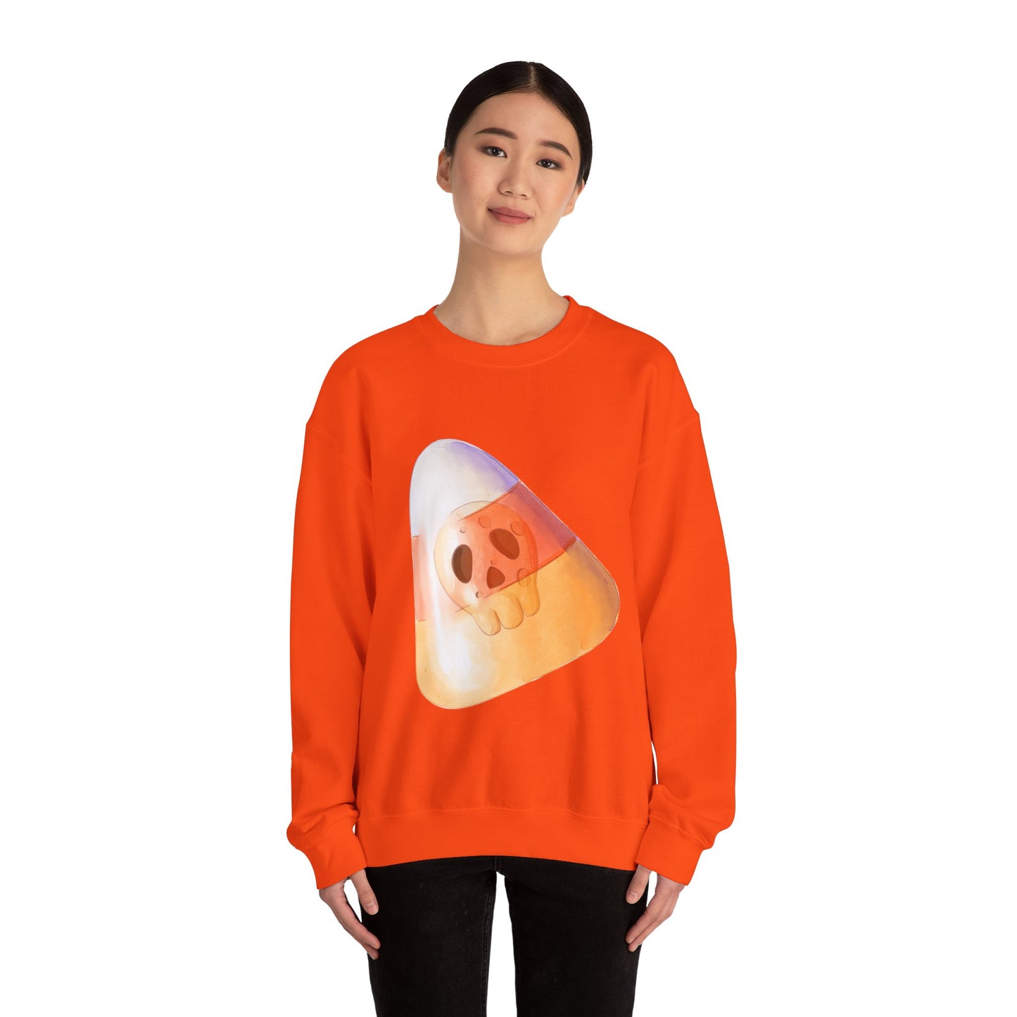 Halloween Candy Corn With Skull Face Sweatshirt, Trick or Treat Shirt, Spooky Ghost Season, Fun Halloween Fall Festival Party Sweater Sweatshirt Printify   