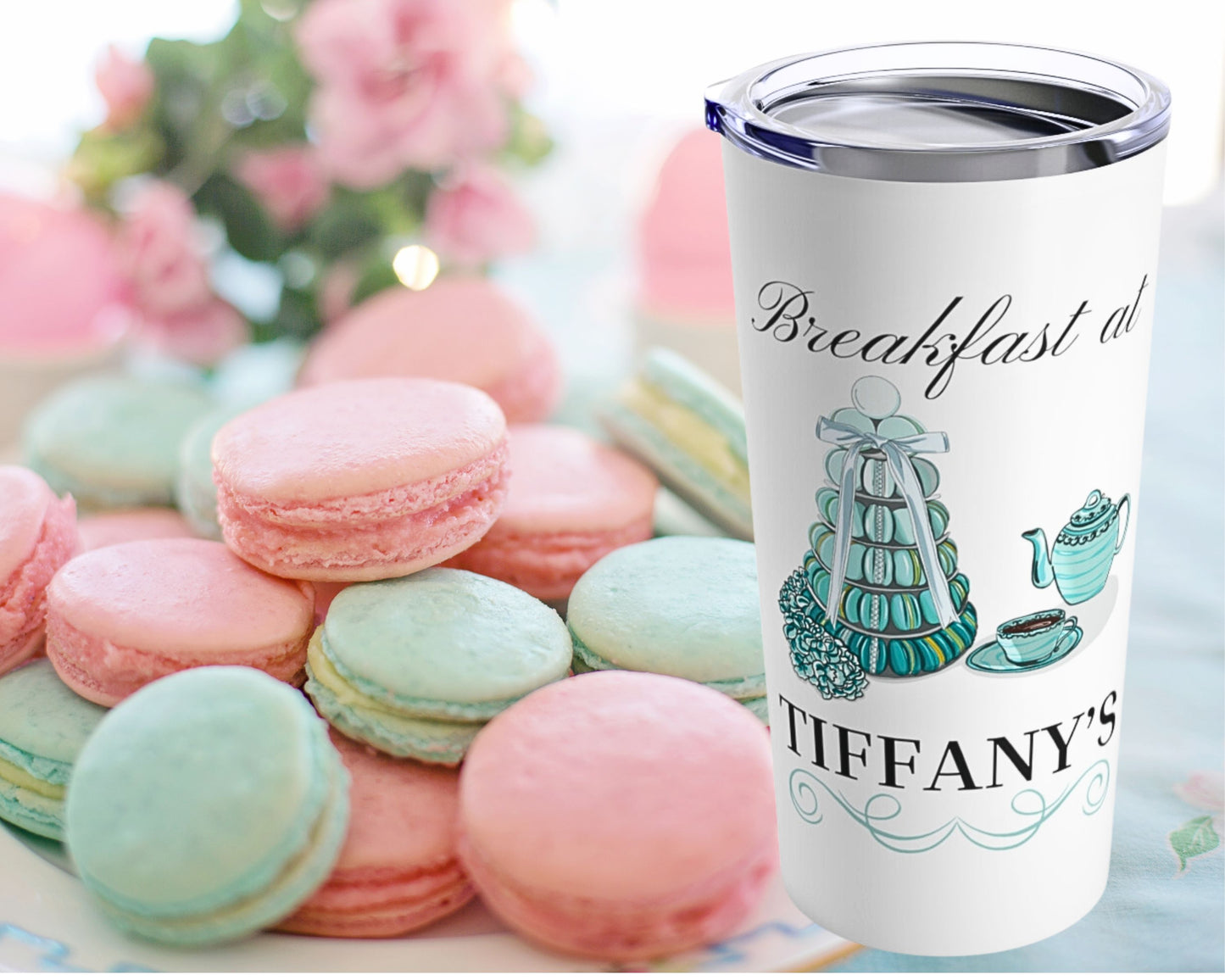 Breakfast at Tiffany's T & Co 20oz Tumbler, Classic Audrey Crew, Girls Brunching Weekend, Holly Golightly Fan Gift For Mom, Book Club Gift Mug Printify   