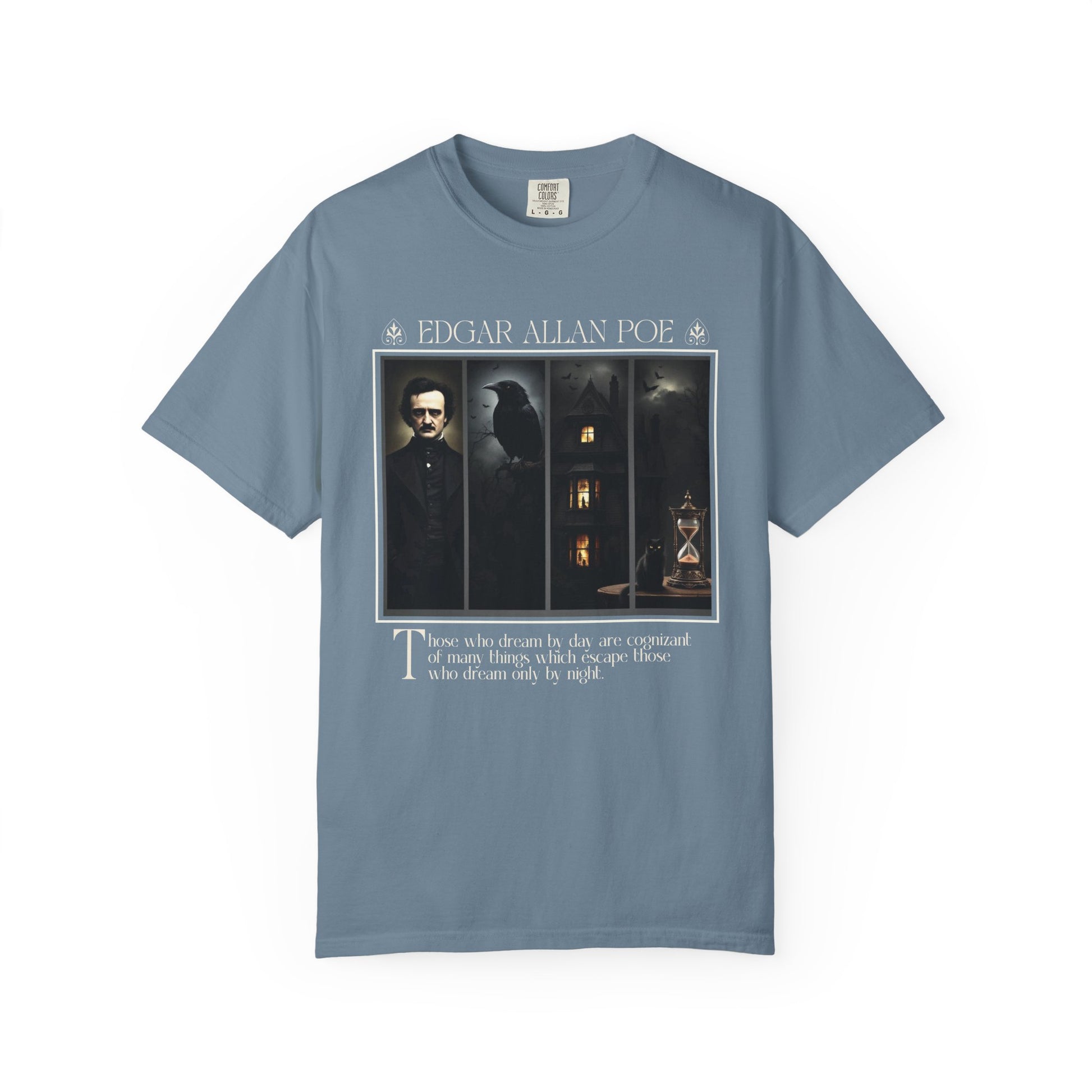 Edgar Allan Poe T-Shirt Gothic Graphic Tee The Raven Nevermore Quote Horror Literature Shirt Dark Academia Aesthetic Halloween Party Gift T-Shirt Printify Ice Blue S