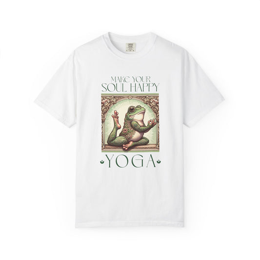 Yoga Frog Make Your Soul Happy Green Unisex T-Shirt, Casual Wear, Highlander Fan Gift, Comfortable Graphic Tee T-Shirt Printify White S