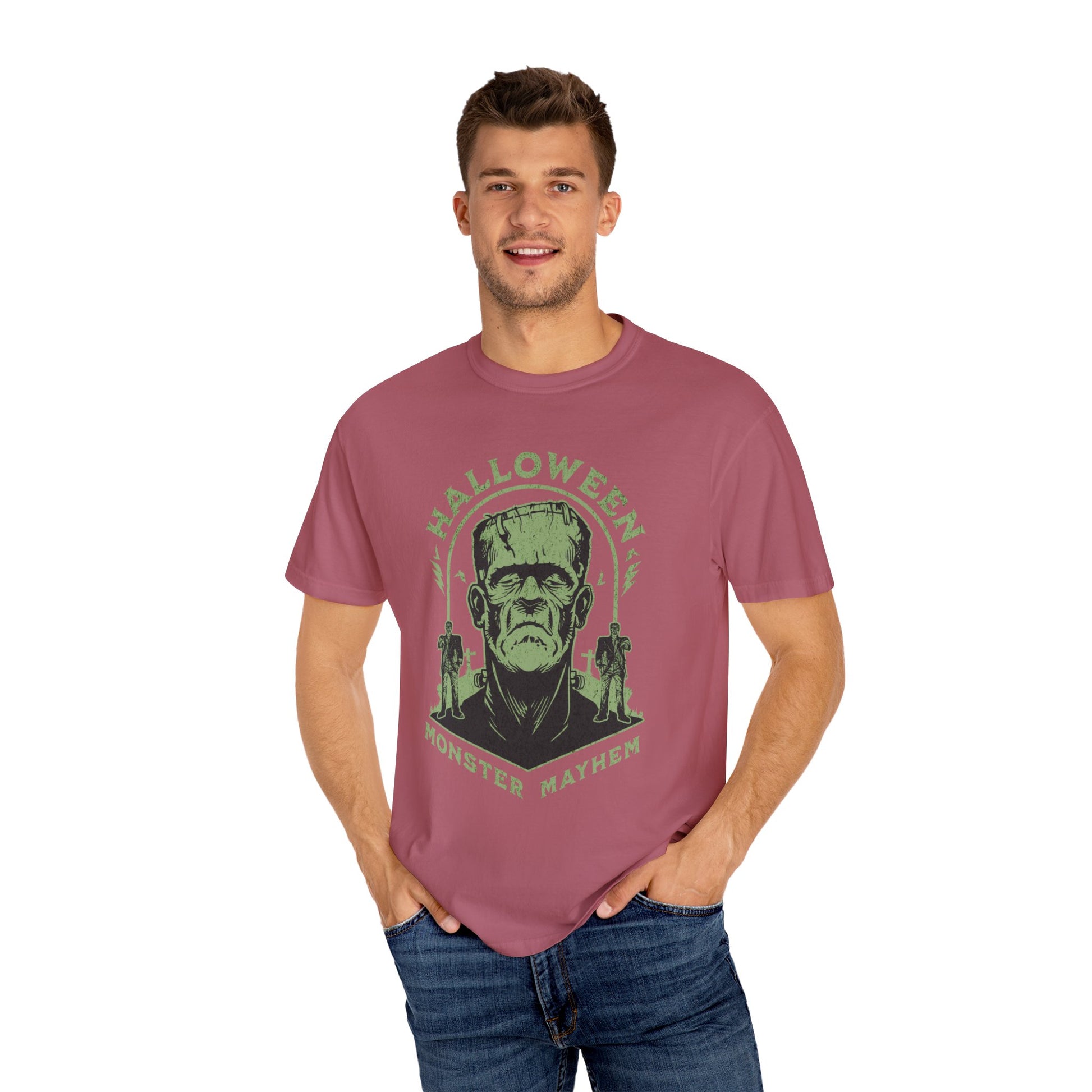 Vintage Halloween Frankenstein Monster Graphic Tee, Creepy Spooky Book Lover Gift, Horror Movie, Fall Festival Party Comfort Colors T Shirt. T-Shirt Printify   