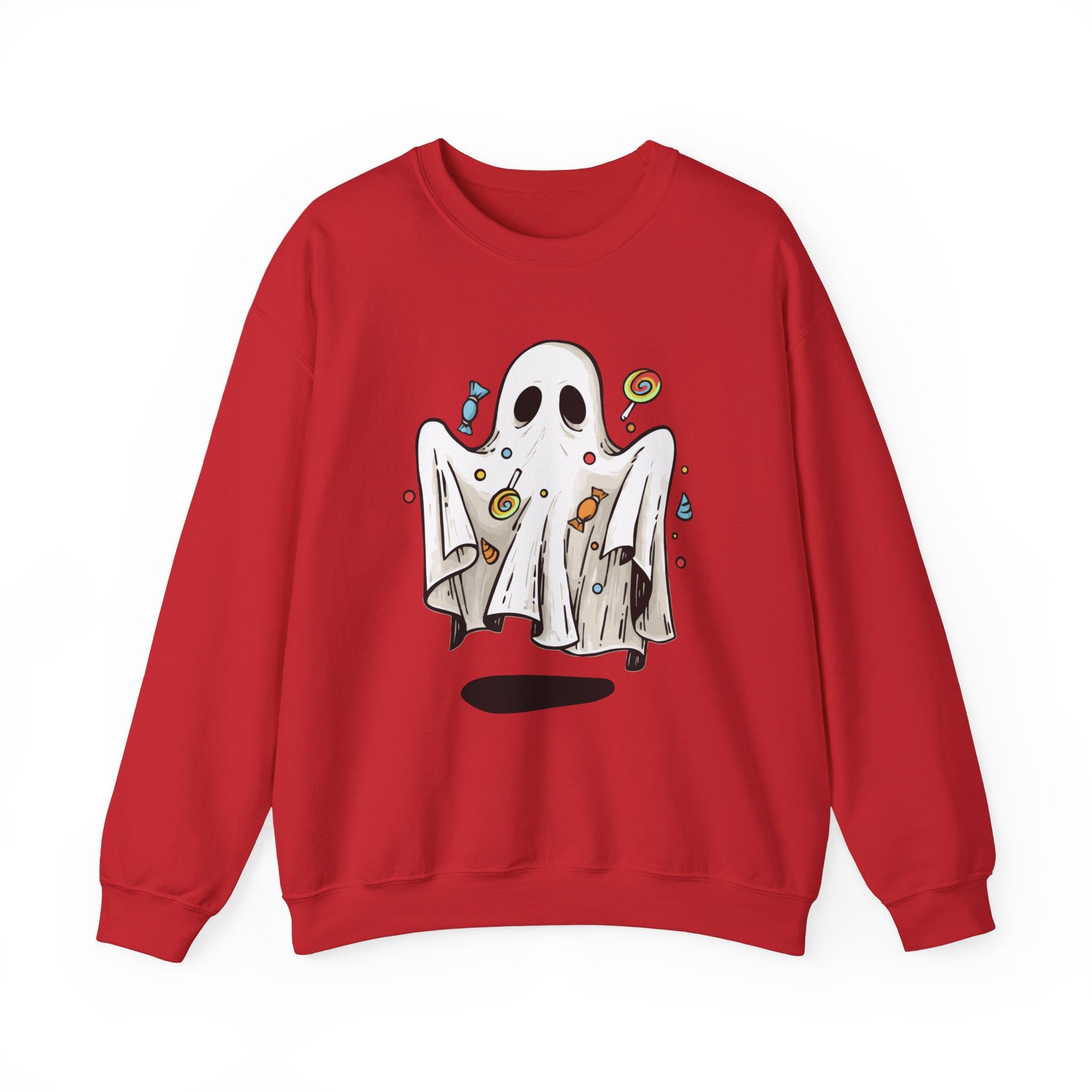 Cute Halloween Ghost Floating, Covered in Candy Sweatshirt, Trick or Treat Shirt, Spooky Ghost Season, Fun Halloween Party, Festival Sweater Sweatshirt Printify S Red 