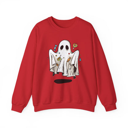 Cute Halloween Ghost Floating, Covered in Candy Sweatshirt, Trick or Treat Shirt, Spooky Ghost Season, Fun Halloween Party, Festival Sweater Sweatshirt Printify S Red 