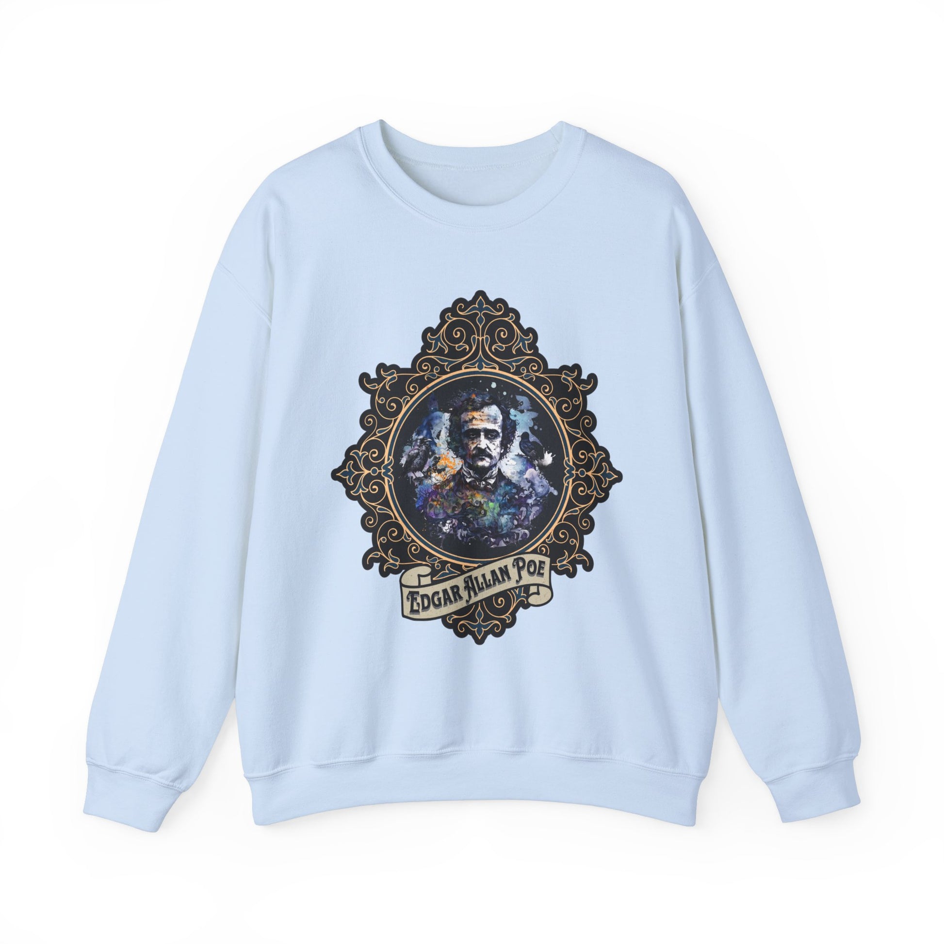 Edgar Allan Poe, Poet, Poetry Lover Sweatshirt, Book Lover, Halloween, Haunting Gothic Gift, Light, Dark Academia, Horror Movie Sweater Sweatshirt Printify S Light Blue 