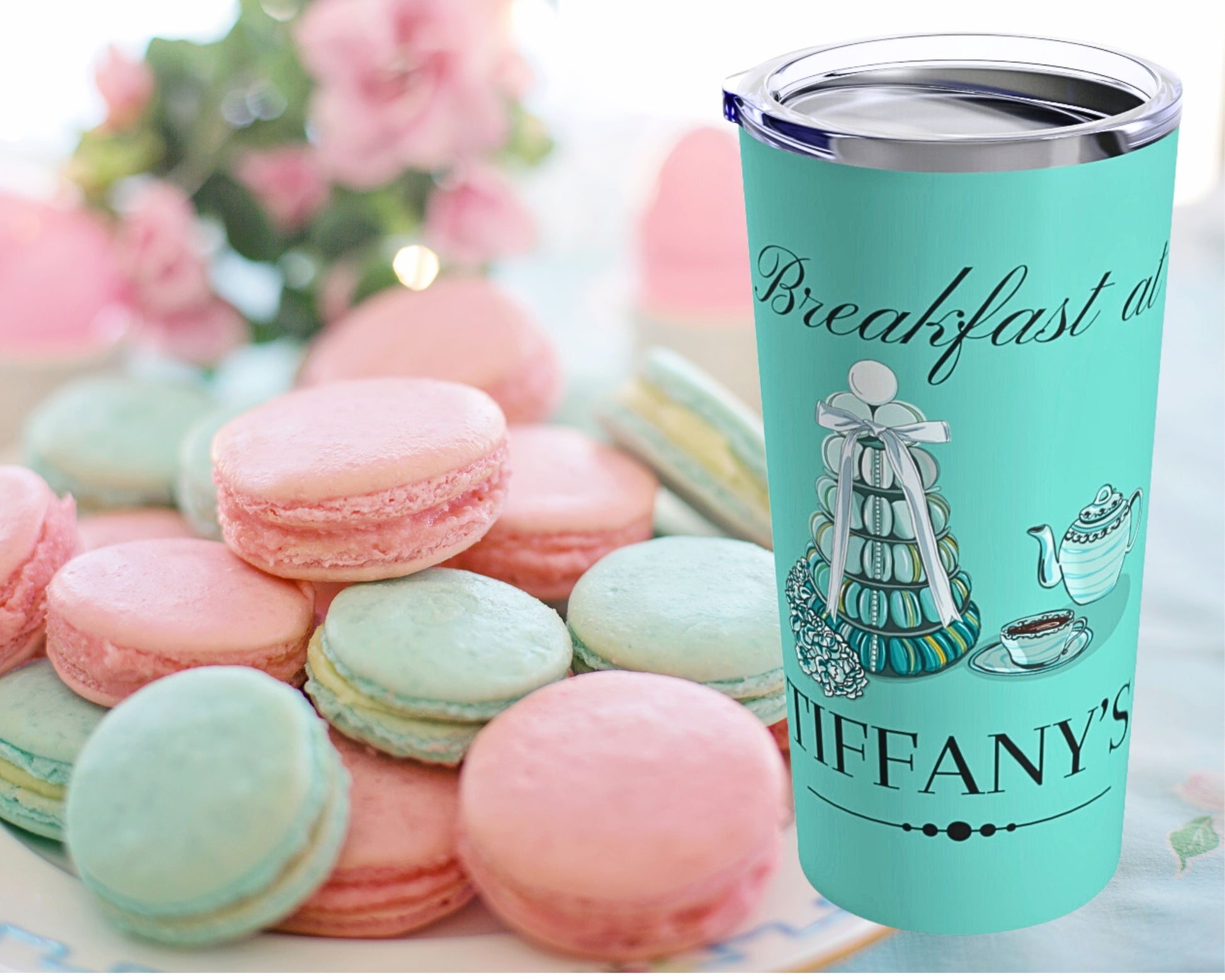 Breakfast at Tiffany's T & Co 20oz Tumbler, Classic Audrey Crew, Girls Brunching Weekend, Holly Golightly Fan Gift For Mom, Book Club Gift Mug Printify   