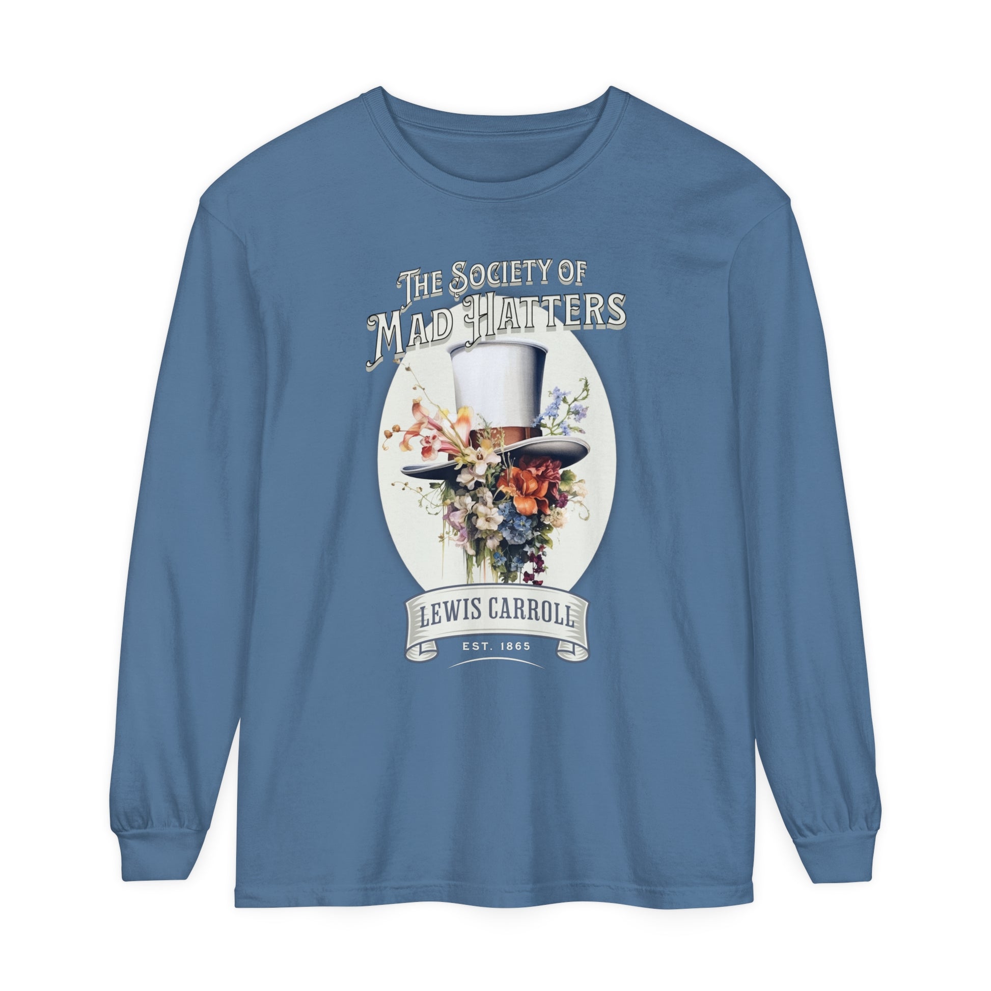 Alice in Wonderland Long Sleeve Shirt, Vintage Lewis Carroll The Mad Hatter TShirt, Tea Party, Queen of Hearts Bookish Booktok Academia Gift Long-sleeve Printify Blue Jean S 