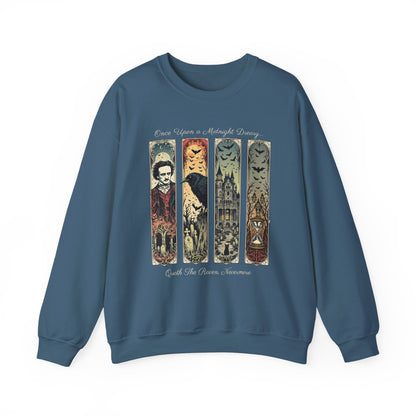 Edgar Allan Poe Sweatshirt The Raven Nevermore Gothic Horror Sweater Dark Academia Macabre Halloween Gift for Book Lovers Birthday Christmas Sweatshirt Printify Indigo Blue S