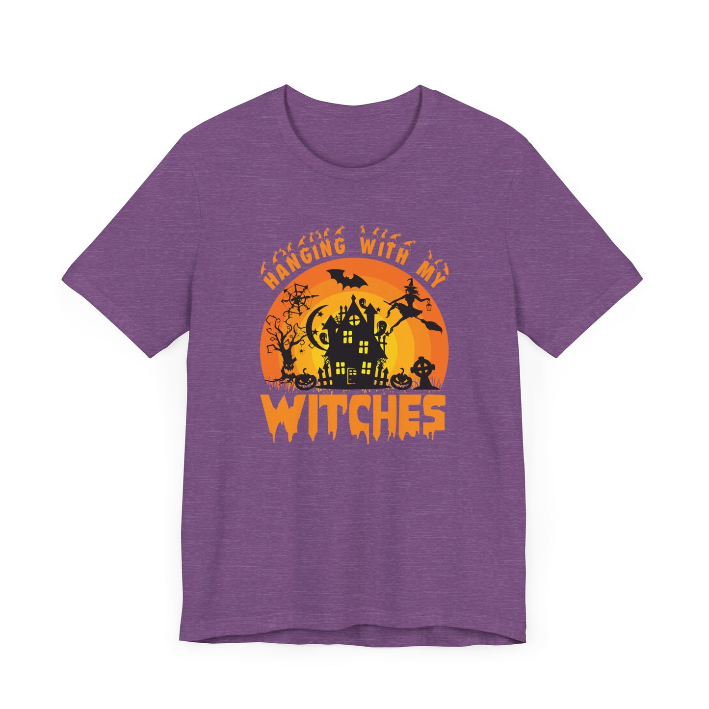 Witches and Haunted House Shirt,  Spooky Halloween Season Graphic Tee, Sunset Halloween Design, Creepy Fall or Autumn Style T Shirt, T-Shirt Printify   