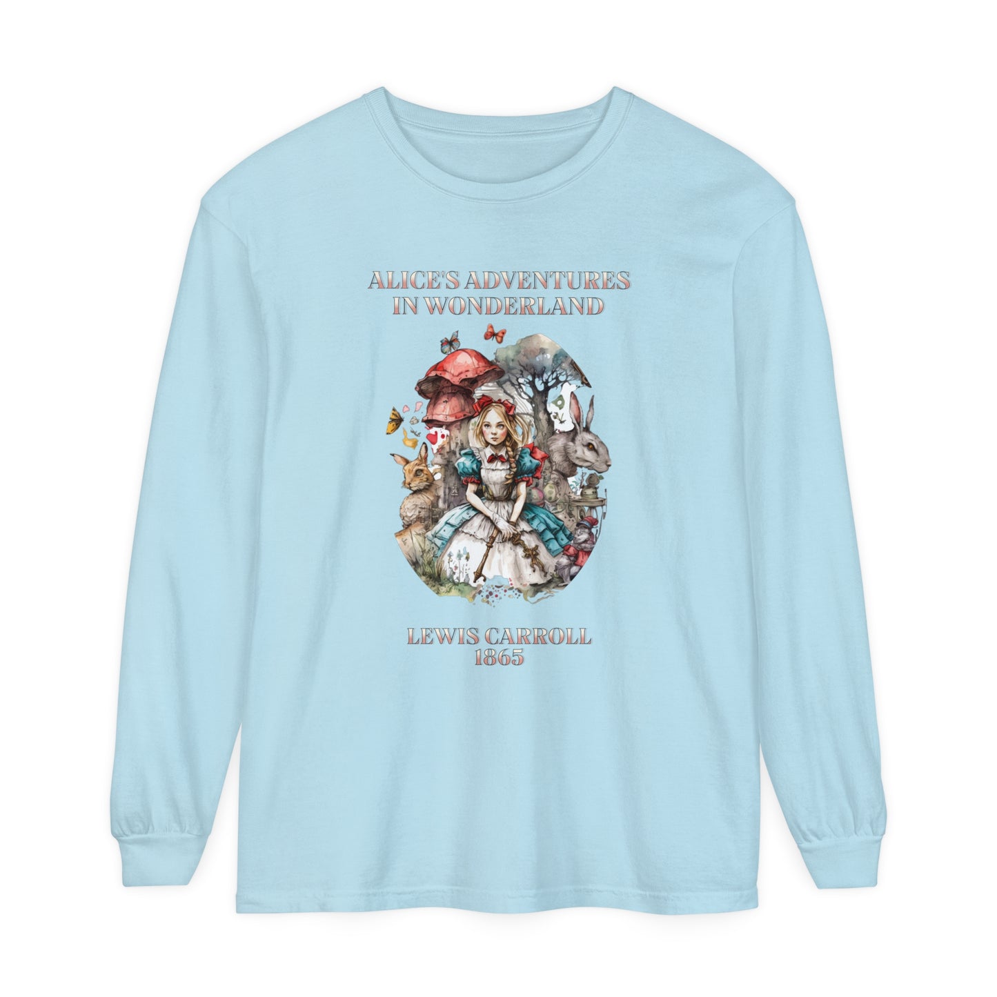 Alice in Wonderland Vintage Long Sleeve Shirt, Lewis Carroll Dark Academia TShirt, Mad Hatter Tea Party Queen of Hearts Bookish Booktok Gift Long-sleeve Printify Chambray S 