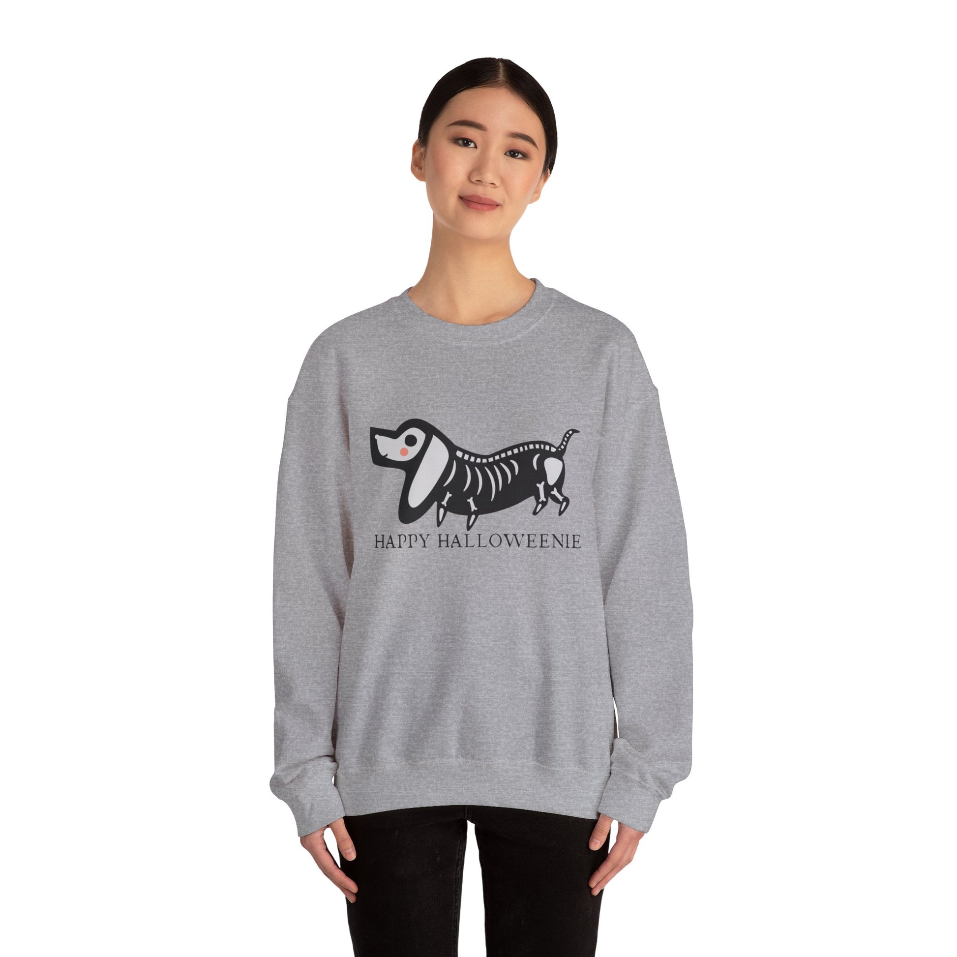 Funny Halloween Dachshund Lover Sweatshirt, Skeleton Dachshund Walking Graphic, Trick or Treat Shirt, Spooky Season, Happy Halloweenie Top Sweatshirt Printify   