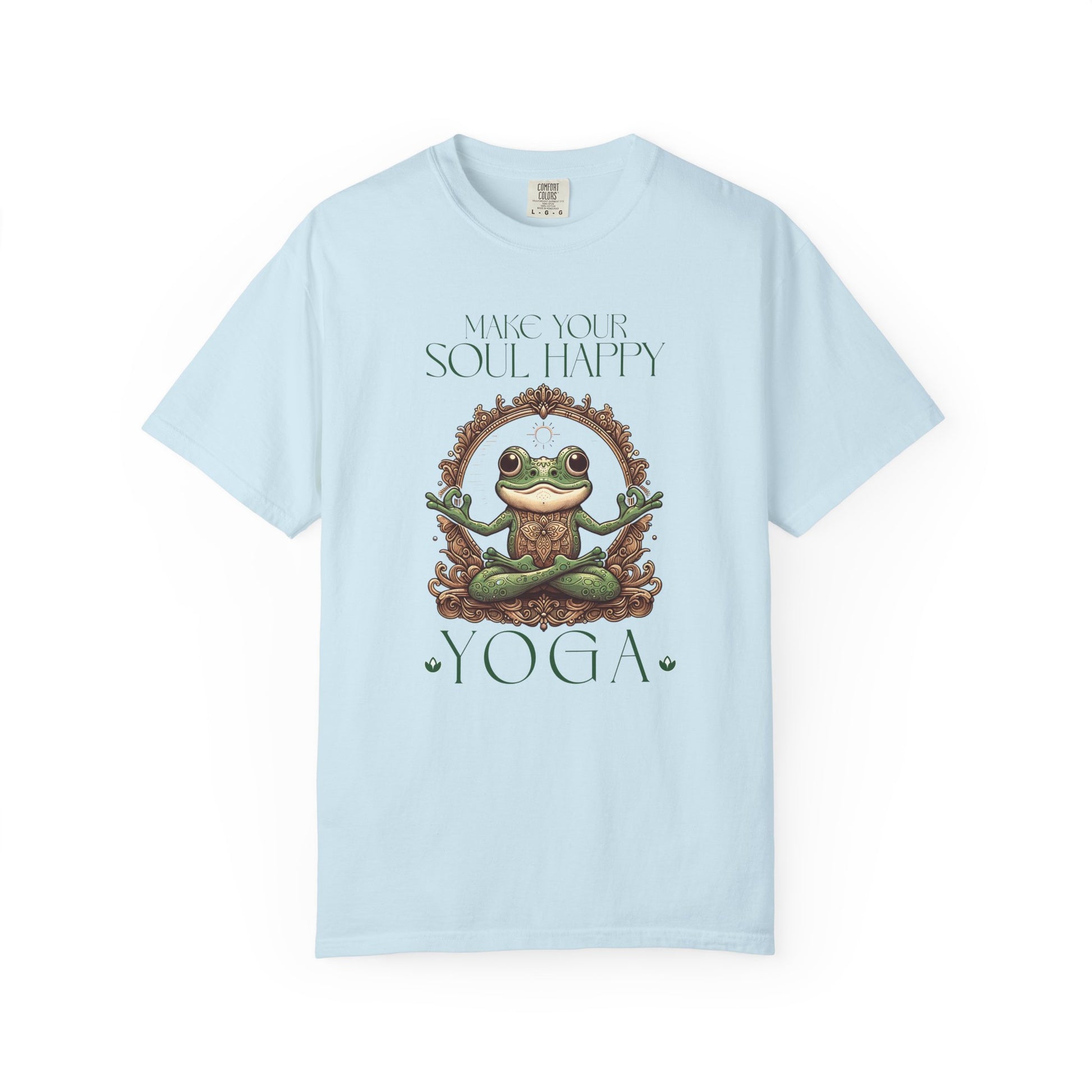 Green Yoga Frog Make Your Soul Happy Unisex T-Shirt, Casual Wear, Highlander Fan Gift, T-Shirt Printify Chambray S