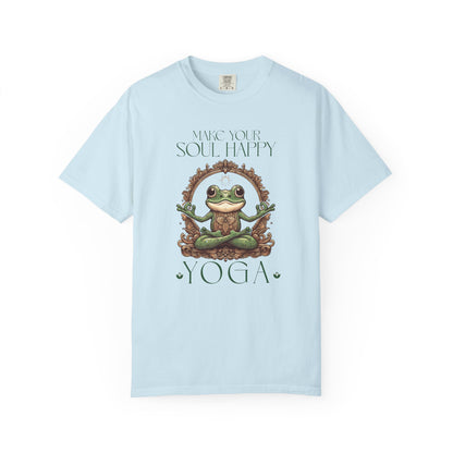 Green Yoga Frog Make Your Soul Happy Unisex T-Shirt, Casual Wear, Highlander Fan Gift, T-Shirt Printify Chambray S