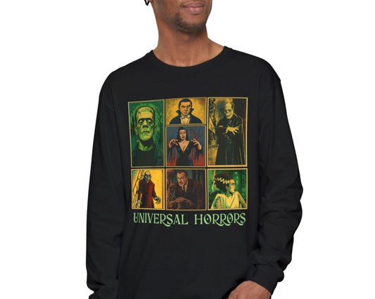 Universal Horrors Long Sleeve Tee, Vintage Horror Shirt, Unisex Graphic Tee, Halloween Apparel, Movie Buff Gift Long-sleeve Printify