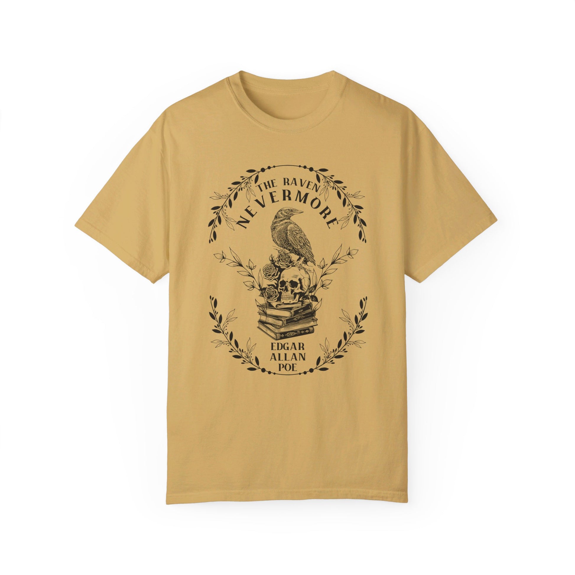 Edgar Allan Poe, Nevermore The Raven Comfort Colors TShirt, Book Lover, Halloween, Haunting Gothic Gift, Light, Dark Academia, Horror Movie T-Shirt Printify Mustard S 