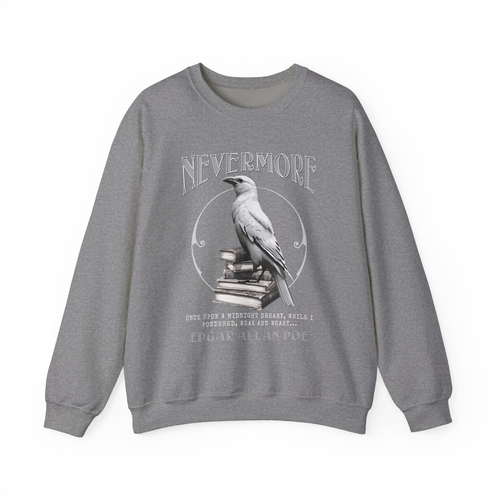 The White Raven Edgar Allan Poe Nevermore Sweatshirt Book Lover Halloween Haunting Gothic Gift Light Dark Academia Horror Movie Bookclub Sweater Sweatshirt Printify S Graphite Heather 