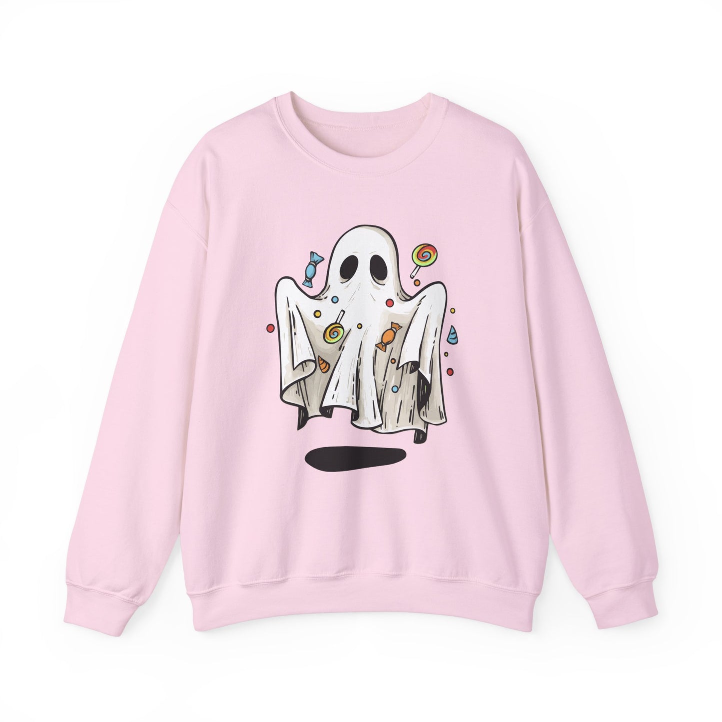 Cute Halloween Ghost Floating, Covered in Candy Sweatshirt, Trick or Treat Shirt, Spooky Ghost Season, Fun Halloween Party, Festival Sweater Sweatshirt Printify S Light Pink 