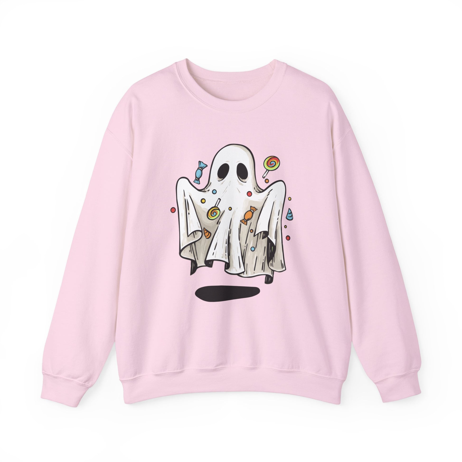 Cute Halloween Ghost Floating, Covered in Candy Sweatshirt, Trick or Treat Shirt, Spooky Ghost Season, Fun Halloween Party, Festival Sweater Sweatshirt Printify S Light Pink 