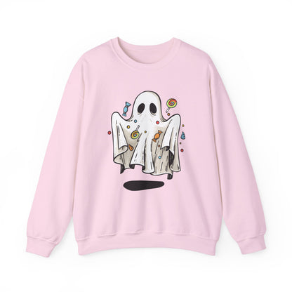 Cute Halloween Ghost Floating, Covered in Candy Sweatshirt, Trick or Treat Shirt, Spooky Ghost Season, Fun Halloween Party, Festival Sweater Sweatshirt Printify S Light Pink 