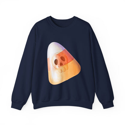 Halloween Candy Corn With Skull Face Sweatshirt, Trick or Treat Shirt, Spooky Ghost Season, Fun Halloween Fall Festival Party Sweater Sweatshirt Printify S Navy 