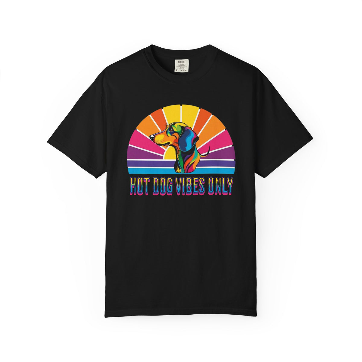 Hot Dog Vibes Only Dachshund T-shirt | Retro Rainbow Sunrise