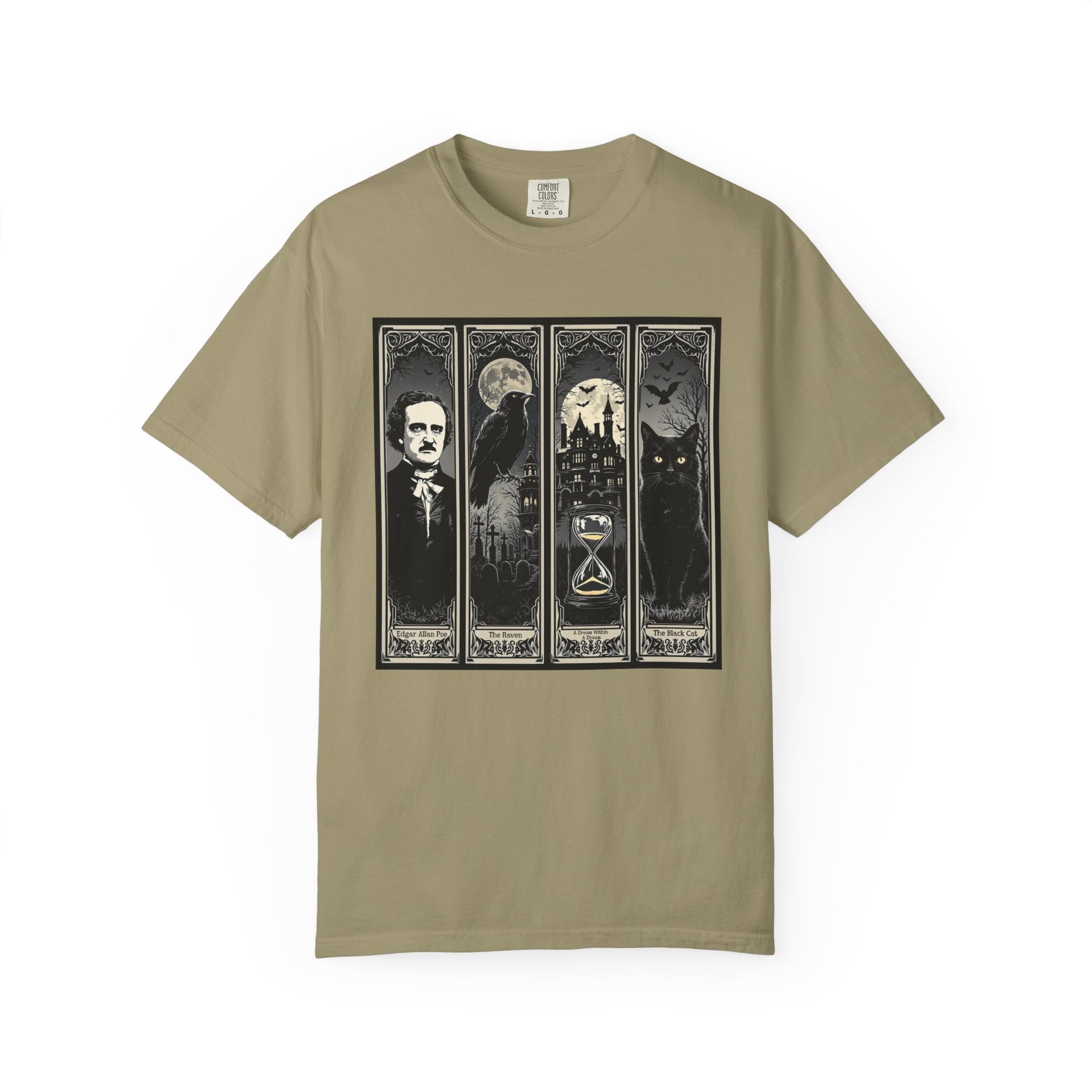 Edgar Allan Poe T-Shirt Gothic Graphic Tee The Raven Nevermore Quote Horror Literature Shirt Dark Academia Aesthetic Halloween Party Gift T-Shirt Printify Khaki S