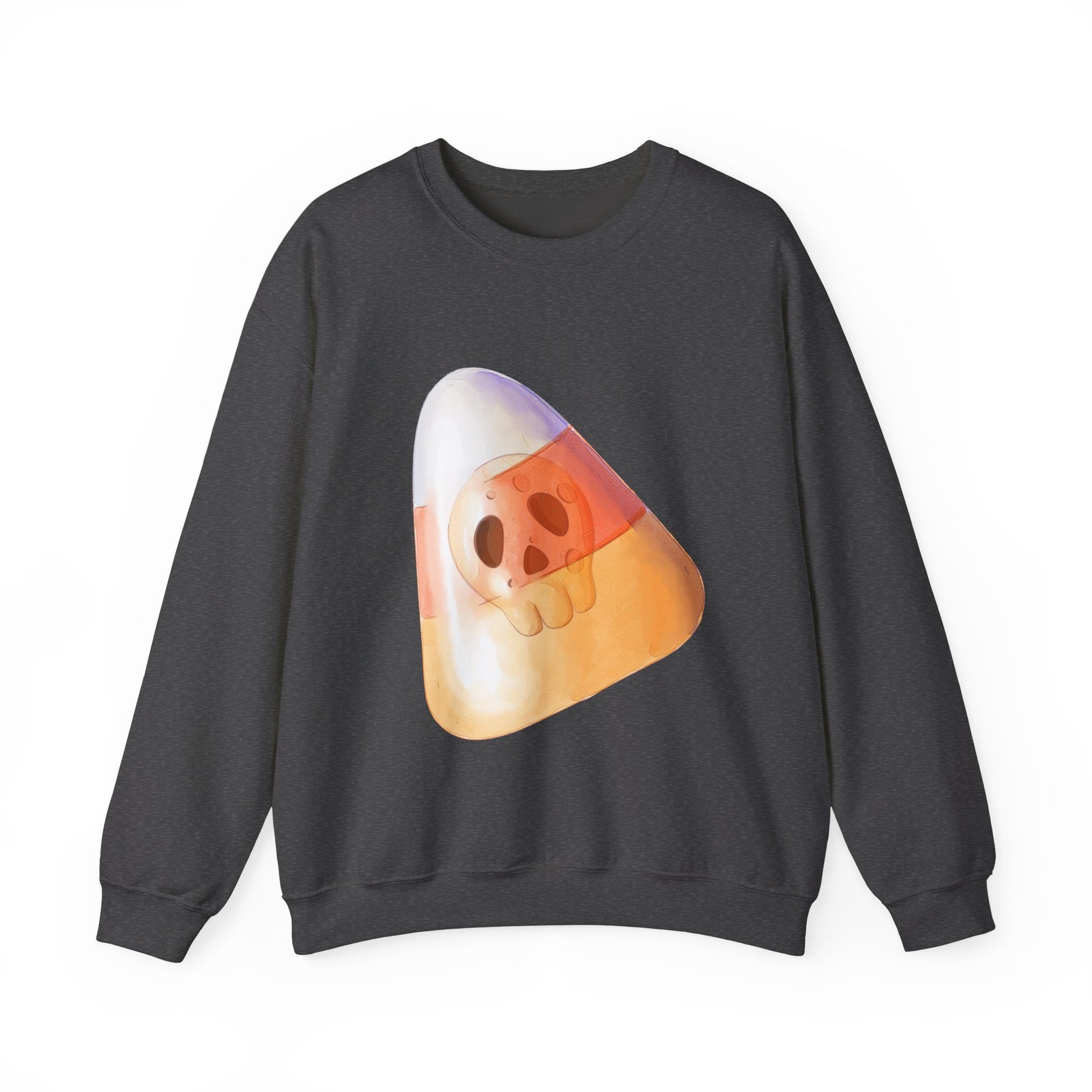 Halloween Candy Corn With Skull Face Sweatshirt, Trick or Treat Shirt, Spooky Ghost Season, Fun Halloween Fall Festival Party Sweater Sweatshirt Printify S Dark Heather 