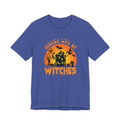 Witches and Haunted House Shirt,  Spooky Halloween Season Graphic Tee, Sunset Halloween Design, Creepy Fall or Autumn Style T Shirt, T-Shirt Printify   