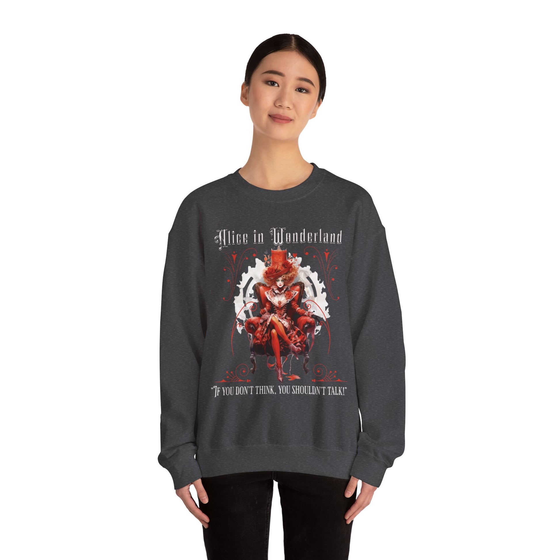 Queen of Hearts Sweatshirt, Alice In Wonderland Lewis Carroll Whimsigoth Academia Sweater Mad Hatter Tea Party Tee Bookish Booktok Gift Sweatshirt Printify   