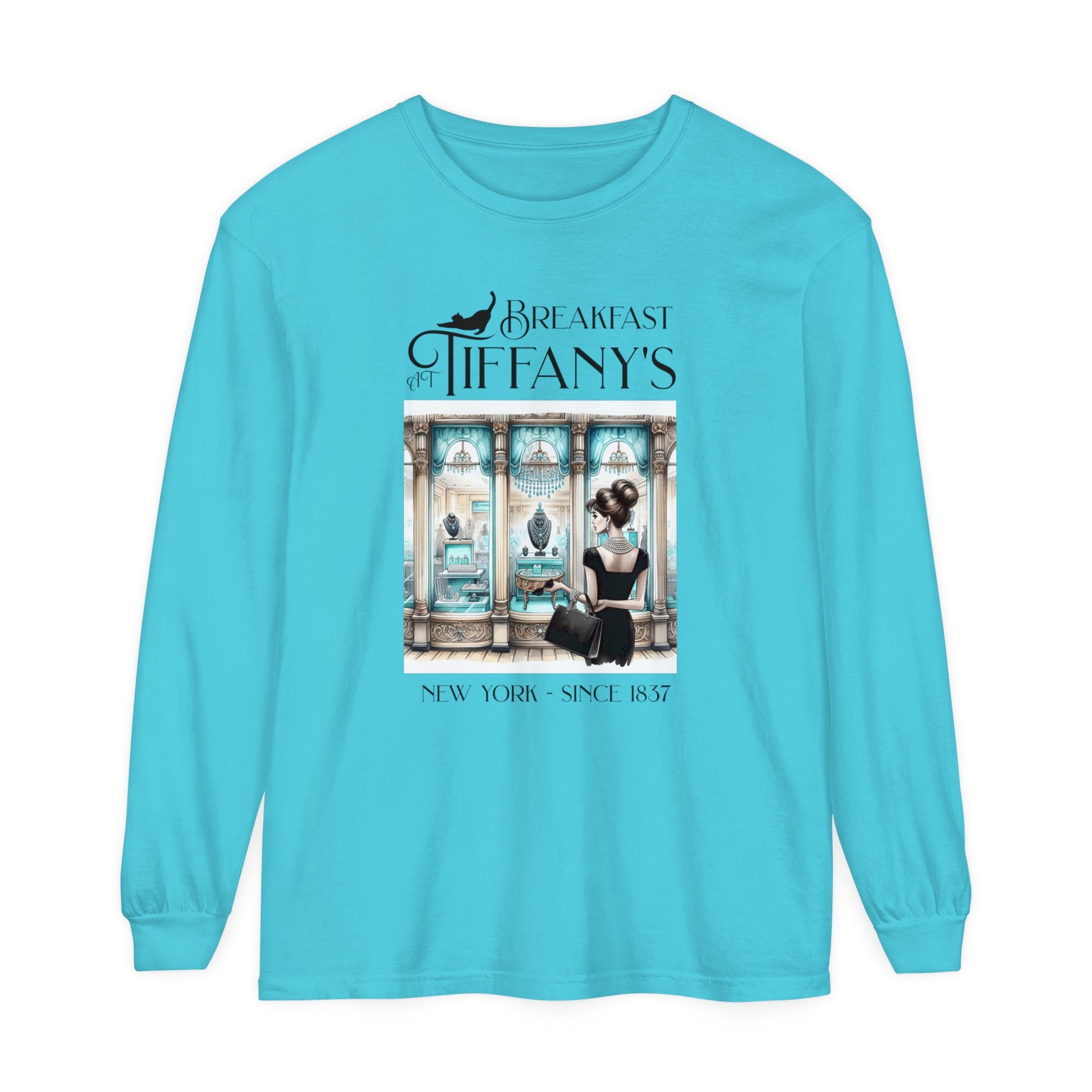 Breakfast at Tiffany's Shirt Audrey Hepburn Gift Girls Weekend Trip Shirt Gift for Bridal Shower Birthday Gift Party Favors Cruise T Shirt Long-sleeve Printify Lagoon Blue S 