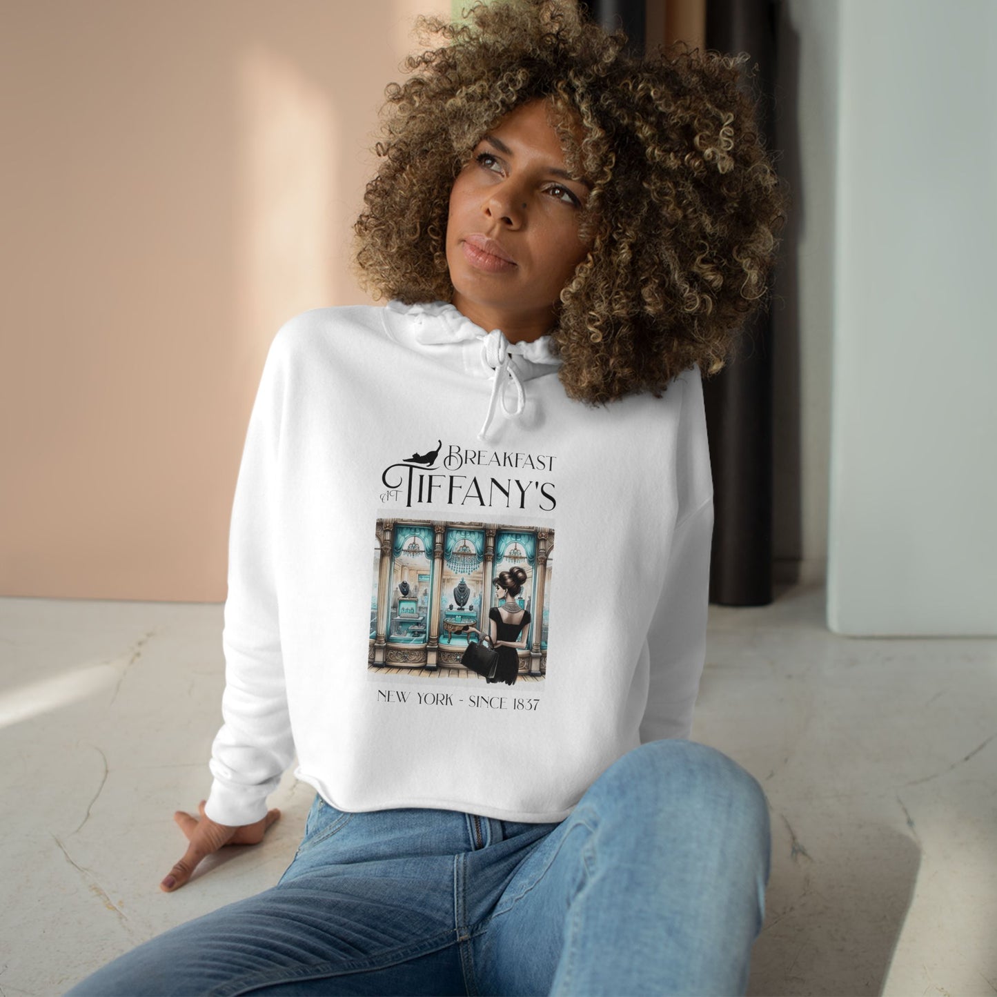 Breakfast at Tiffany's Crop Hoodie, Retro Fashion, Gift for Movie Lovers, Unique Layering Piece, Stylish Casual Wear Hoodie Printify White XS 