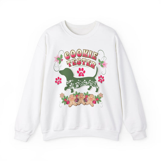 Christmas Dachshund Lover Baking Sweatshirt, Doxie Cookie Tester XMas T-Shirt, Dog Lover Shirt, Matching Family Christmas Cookie Baking Gift Sweatshirt Printify S White 