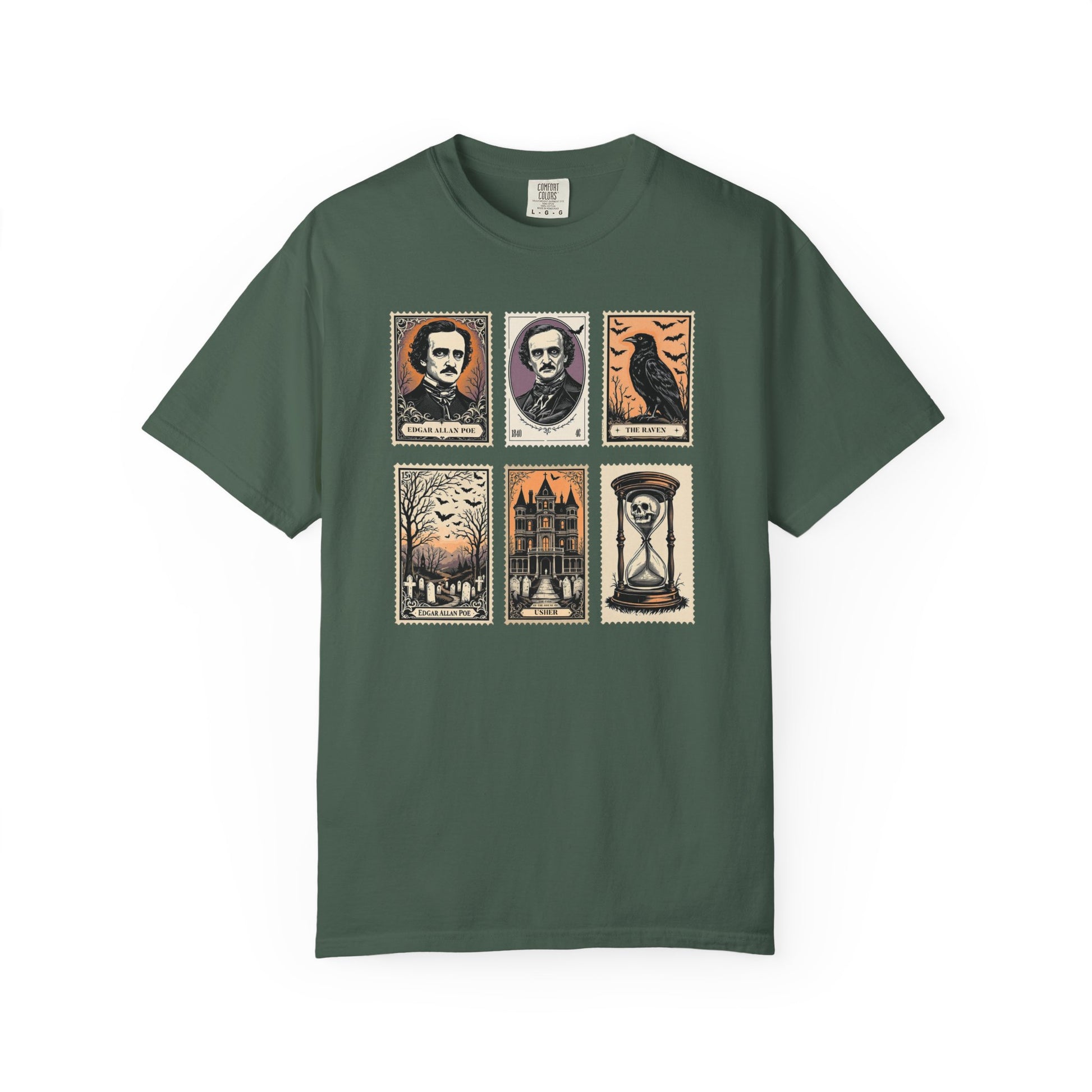 Edgar Allan Poe T-Shirt Gothic Graphic Tee The Raven Nevermore Quote Horror Literature Shirt Dark Academia Aesthetic Halloween Party Gift T-Shirt Printify Blue Spruce S