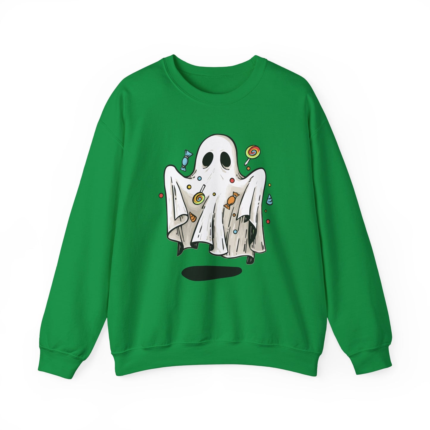 Cute Halloween Ghost Floating, Covered in Candy Sweatshirt, Trick or Treat Shirt, Spooky Ghost Season, Fun Halloween Party, Festival Sweater Sweatshirt Printify S Irish Green 