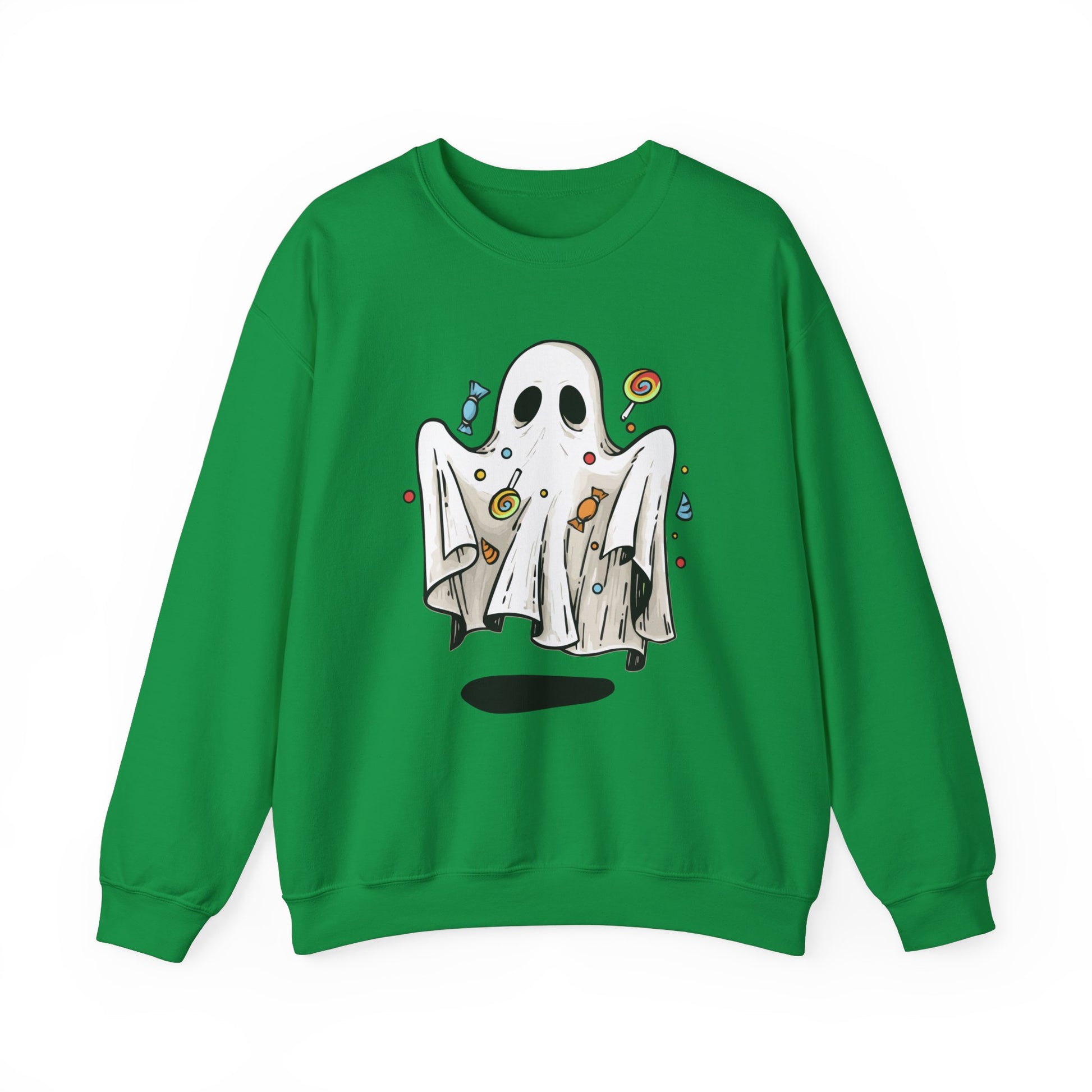 Cute Halloween Ghost Floating, Covered in Candy Sweatshirt, Trick or Treat Shirt, Spooky Ghost Season, Fun Halloween Party, Festival Sweater Sweatshirt Printify S Irish Green 