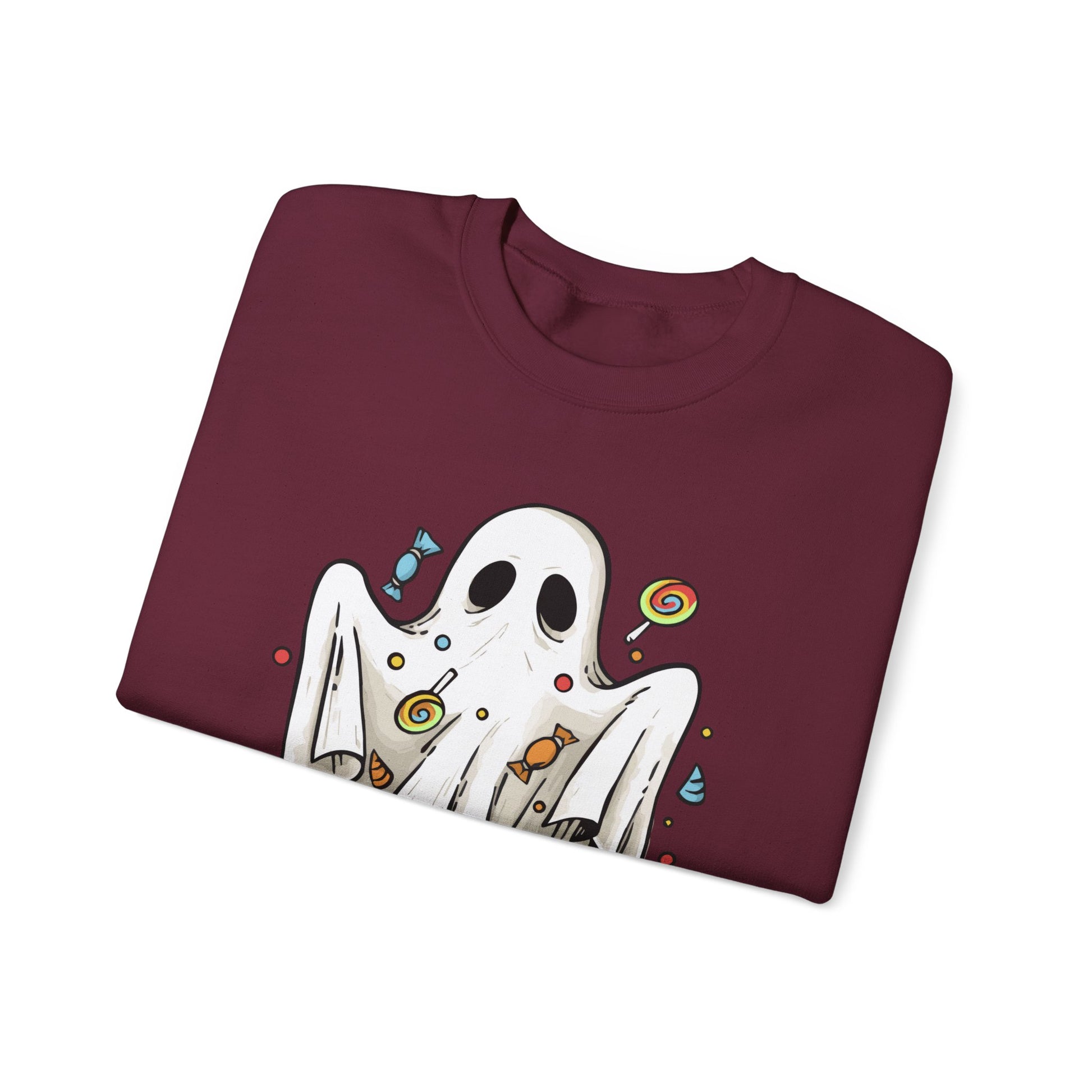 Cute Halloween Ghost Floating, Covered in Candy Sweatshirt, Trick or Treat Shirt, Spooky Ghost Season, Fun Halloween Party, Festival Sweater Sweatshirt Printify   