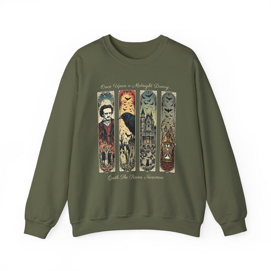 Edgar Allan Poe Sweatshirt The Raven Nevermore Gothic Horror Sweater Dark Academia Macabre Halloween Gift for Book Lovers Birthday Christmas Sweatshirt Printify Military Green S