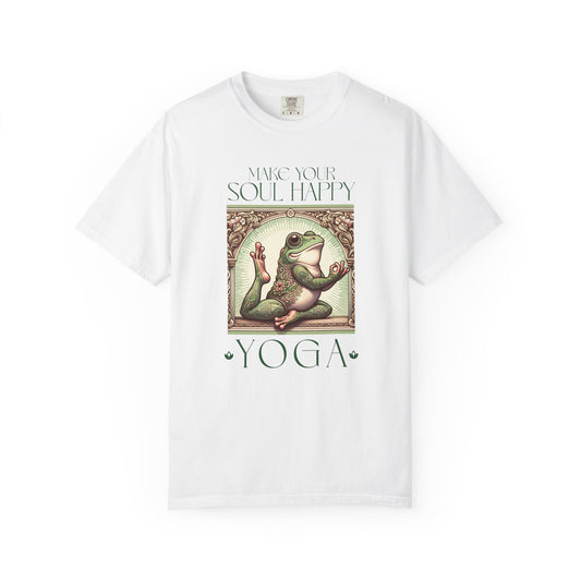 Green Yoga Frog Make Your Soul Happy Unisex T-Shirt, Casual Wear, Highlander Fan Gift, T-Shirt Printify White S