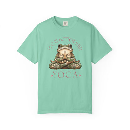 Pink Yoga Frog Life Is Better With Yoga Unisex T-Shirt, Casual Wear, Highlander Fan Gift, T-Shirt Printify Island Reef S