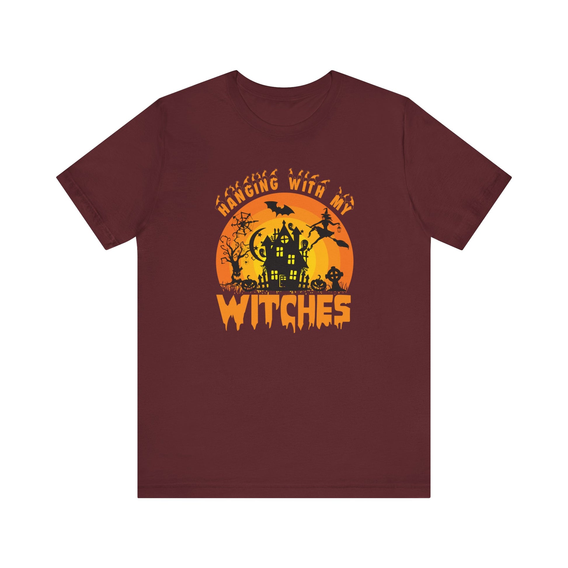 Witches and Haunted House Shirt,  Spooky Halloween Season Graphic Tee, Sunset Halloween Design, Creepy Fall or Autumn Style T Shirt, T-Shirt Printify Maroon XS 