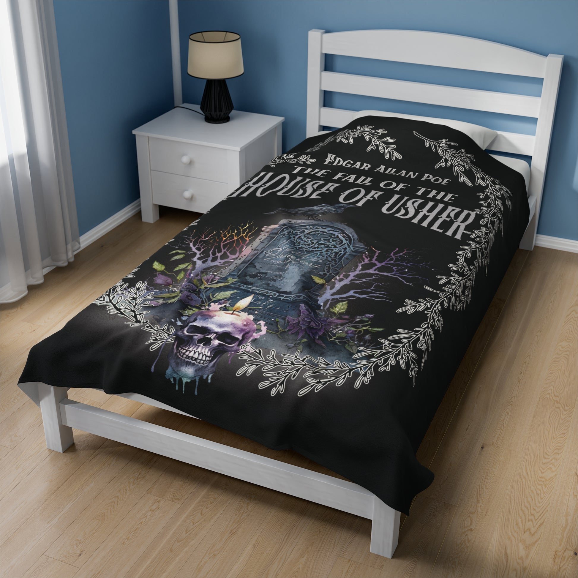 Edgar Allan Poe, The Fall Of The House Of Usher Throw Blanket, Book Lover Reading Blanket, Gothic Dark Academia, Horror Movie Watching Plush All Over Prints Printify   