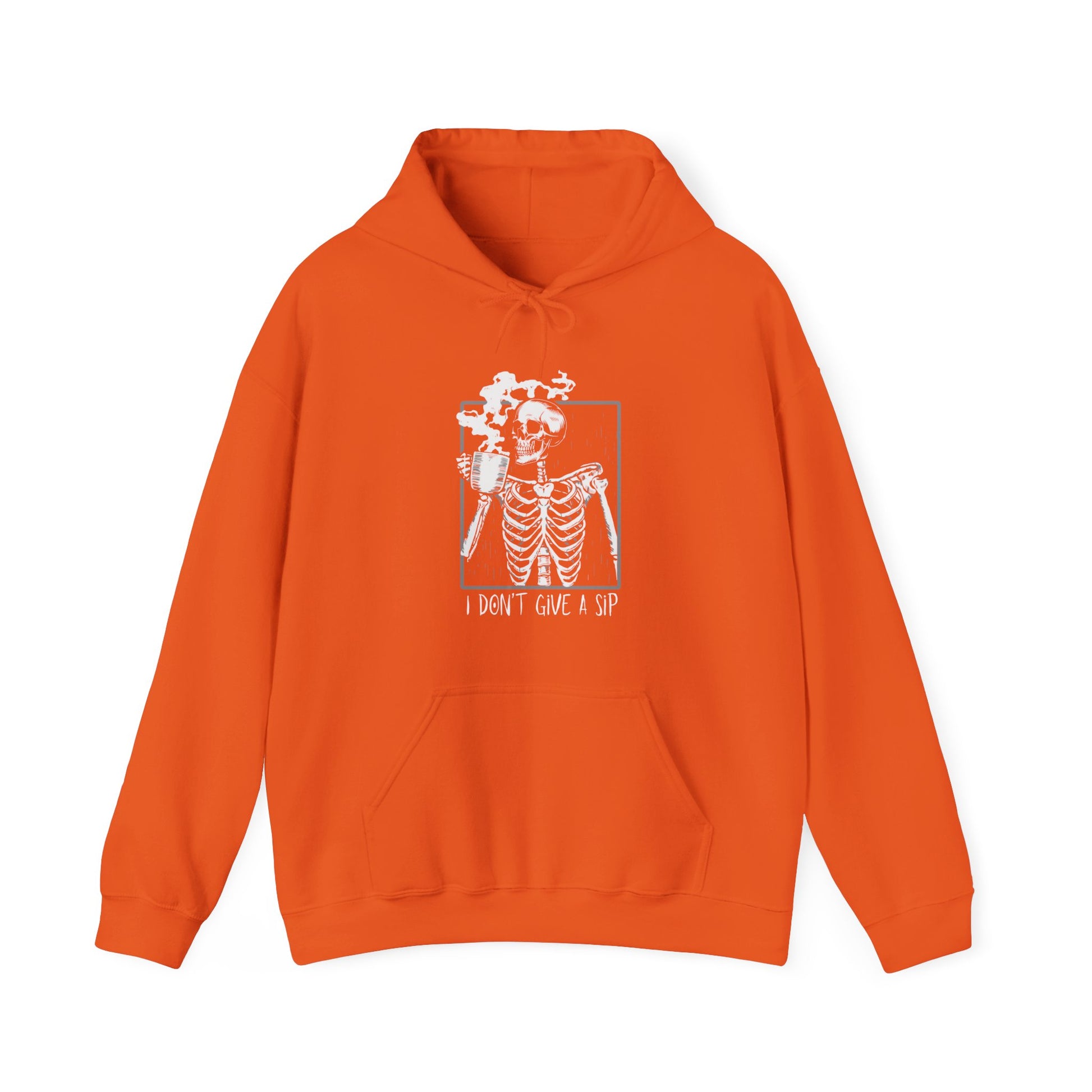 Halloween Skeleton Hoodie, Funny Coffee Drinking Skeleton, Spooky Season Sweater, Trick or Treating Shirt, Warm Halloween Party Hoodie Hoodie Printify Orange S 